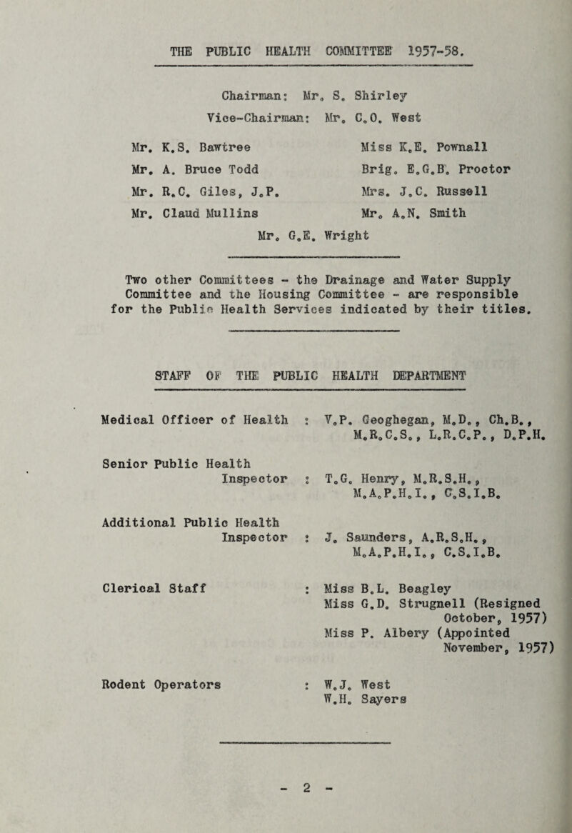 THE PUBLIC HEALTH COMMITTEE 1957-58 Chairman: Mr Vice-Chairman; Mr. K.S. Bawtree Mr. A. Bruce Todd Mr. R.C. Giles, JCP, Mr. Claud Mullins Mr. G.E. S. Shirley Mr. C.O. West Miss KCE. Pcwnall Brig. E.G.B. Proctor Mrs. J.C. Russell Mr. A.N. Smith Wright Two other Committees - the Drainage and Water Supply Committee and the Housing Committee - are responsible for the Public Health Services indicated by their titles. STAFF OF THE PUBLIC HEALTH DEPARTMENT Medical Officer of Health : V.P. Geoghegan, M*D., Ch.B., M.R.C.S., L.R.C.P., D.P.H. Senior Public Health Inspector : T.G. Henry, M.R.S.H., M.A.P.H,I. , G.S,I.B. Additional Public Health Inspector : J. Saunders, A.R.S.H., M.A.P.H.I., C.S.I.B. Clerical Staff : Miss B.L. Beagley Miss G.D. Strugnell (Resigned October, 1957) Miss P. Albery (Appointed November, 1957) Rodent Operators : W.J. West W.H. Sayers