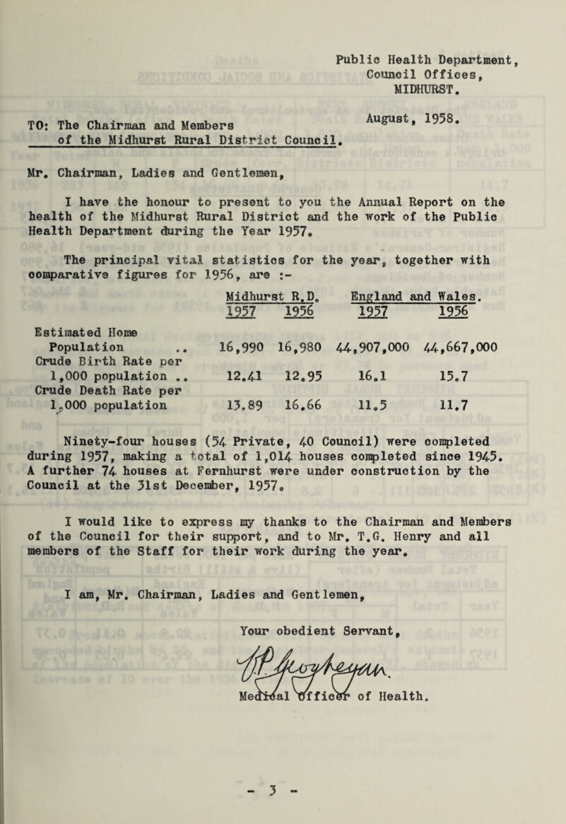 Public Health Department, Council Offices, MIDHURST. TO: The Chairman and Members of the Midhurst Rural District Council. August, 1958. Mr. Chairman, Ladies and Gentlemen, I have the honour to present to you the Annual Report on the health of the Midhurst Rural District and the work of the Public Health Department during the Year 1957* The principal vital statistics for the year, together with comparative figures for 1956, are Midhursi R.D. England and Wales. Estimated Home 1957 Population .. Crude Birth Rate per 16,990 1,000 population .. Crude Death Rate per 12.41 1„000 population 13.89 1956 1957 19% 16,980 U, 907,000 44,667,000 12.95 16.1 15.7 16.66 11.5 11.7 Ninety-four houses (54 Private, 40 Council) were completed during 1957, making a total of 1,014 houses completed since 1945. A further 74 houses at Fernhurst were under construction by the Council at the 31st December, 1957® I would like to express my thanks to the Chairman and Members of the Council for their support, and to Mr. T.G, Henry and all members of the Staff for their work during the year. I am, Mr. Chairman, Ladies and Gentlemen, Your obedient Servant,