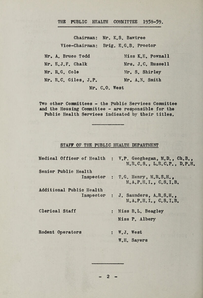 THE PUBLIC HEALTH COMMITTEE 1958-59. Chairman: Vice-Chairman: Mr. K.S. Bawtree Brig. E.G.B. Proctor Mr. A. Bruce Todd Miss K.E. Pownall Mr. E.J.F. Chalk Mrs, J.C. Russell Mr. R.G. Cole Mr. S. Shirley Mr. R.C. Giles, J.P. Mr. A.N. Smith Mr. C.O. West Two other Committees - the Public Services Committee and the Housing Committee - are responsible for the Public Health Services indicated by their titles. STAFF OF THE PUBLIC HEALTH DEPARTMENT Medical Officer of Health Senior Public Health Inspector Additional Public Health Inspector Clerical Staff Rodent Operators V.P. Geoghegan, M.D., Ch.B., M.R.C.S., L.R.C.P., D.P.H T„G0 Henry, M.R.S.H., M.A.P.H.I*9 C.S.I.B. J. Saunders, A.R.S.H., M.A.P.H.I., C.S.I.B. Miss B.L, Beagley Miss P. Albery W.J. West W.H. Sayers