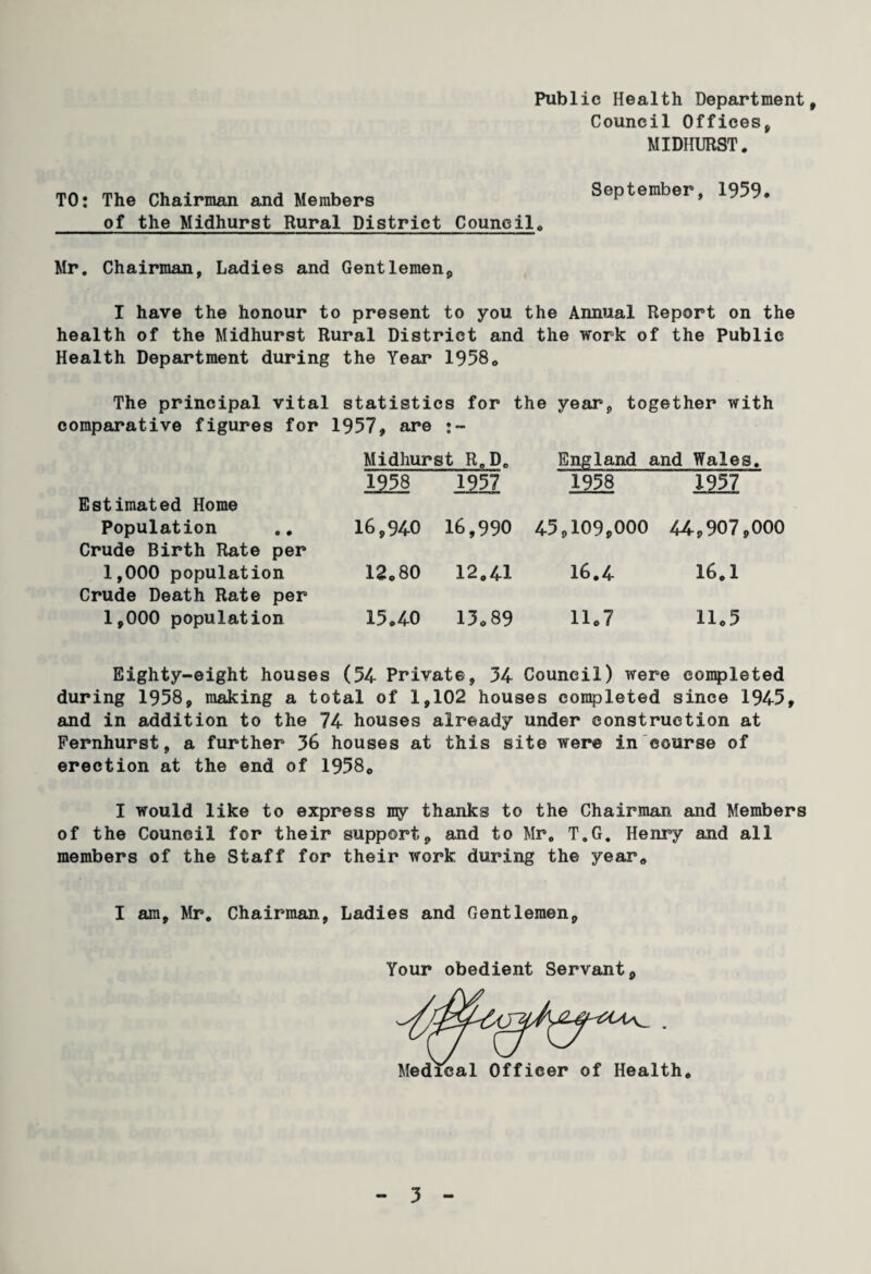 Public Health Department, Council Offices, MIDHURST. TO: The Chairman and Members Septembei , 1959. of the Midhurst Rural District Council. Mr. Chairman, Ladies and Gentlemen, I have the honour to present to you the Annual Report on the health of the Midhurst Rural District and the work of the Public Health Department during the Year 1958. The principal vital statistics for the year, together with comparative figures for 1957, are Midhurst R„De England and Wales. Estimated Home 1?58 1957 1958 1957 Population Crude Birth Rate per 16,940 16,990 4.5,109,000 44,907 1,000 population Crude Death Rate per 12o80 12.41 16.4 16.1 1,000 population 15.40 13.89 11.7 11.5 Eighty-eight houses (54 Private, 34 Council) were completed during 1958, making a total of 1,102 houses completed since 1945, and in addition to the 74 houses already under construction at Fernhurst, a further 36 houses at this site were in course of erection at the end of 1958* I would like to express iny thanks to the Chairman and Members of the Council for their support, and to Mr. T.G. Henry and all members of the Staff for their work during the year* I am, Mr. Chairman., Ladies and Gentlemen, Your obedient Servant,