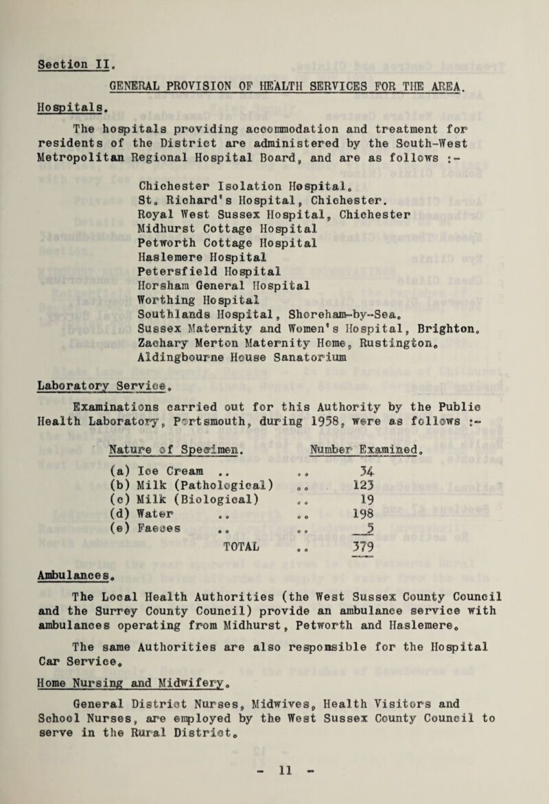 GENERAL PROVISION OF HEALTH SERVICES FOR THE AREA. Hospitals. The hospitals providing accommodation and treatment for residents of the District are administered by the South-West Metropolitan Regional Hospital Board, and are as follows Chichester Isolation Hospital,, St. Richard’s Hospital, Chichester. Royal West Sussex Hospital, Chichester Midhurst Cottage Hospital Petworth Cottage Hospital Ilaslemere Hospital Petersfield Hospital Horsham General Hospital Worthing Hospital Southlands Hospital, Shoreham~by~Sea. Sussex Maternity and Women’s Hospital, Brighton. Zachary Merton Maternity Home, Rustington0 Aldingbourne House Sanatorium Laboratory Service, Examinations carried out for this Authority by the Public Health Laboratory, Portsmouth, during 1958, were as follows Nature of Specimen. (a) Ice Cream .. (b) Milk (Pathological) (c) Milk (Biological) (d) Water (e) Faeces TOTAL Ambulances, The Local Health Authorities (the West Sussex County Council and the Surrey County Council) provide an ambulance service with ambulances operating from Midhurst, Petworth and Haslemere. The same Authorities are also responsible for the Hospital Car Service, Home Nursing and Midwifery. General District Nurses, Midwives9 Health Visitors and School Nurses, are employed by the West Sussex County Council to serve in the Rural District, Number Examined, X 125 19 198 5 579 11 -