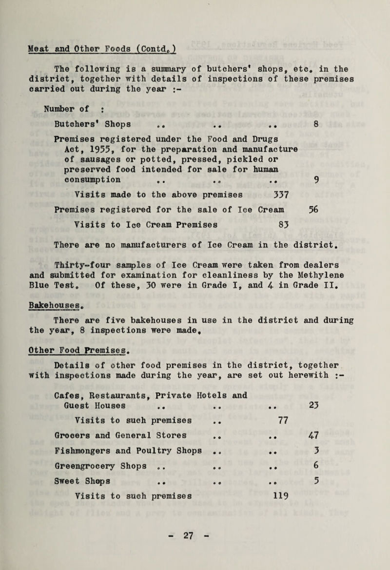 Meat and Other Foods (Contd*) The following is a summary of butchers* shops, etc* in the district, together with details of inspections of these premises carried out during the year Number of : Butchers* Shops .. .. „. 8 Premises registered under the Food and Drugs Act, 1955, for the preparation and manufacture of sausages or potted, pressed, pickled or preserved food intended for sale for human consumption *. .. .. 9 Visits made to the above premises 337 Premises registered for the sale of Ice Cream % Visits to Ice Cream Premises 83 There are no manufacturers of Ice Cream in the district. Thirty-four samples of Ice Cream were taken from dealers and submitted for examination for cleanliness by the Methylene Blue Test* Of these, 30 were in Grade I, and 4 in Grade II. Bakehouses* There are five bakehouses in use in the district and during the year, 8 inspections were made. Other Food Premises* Details of other food premises in the district, together with inspections made during the year, are set out herewith Cafes, Restaurants, Private Hotels and Guest Houses Visits to such premises Grocers and General Stores Fishmongers and Poultry Shops .. Greengrocery Shops .. Sweet Shops Visits to such premises 23 77 47 3 6 5 119