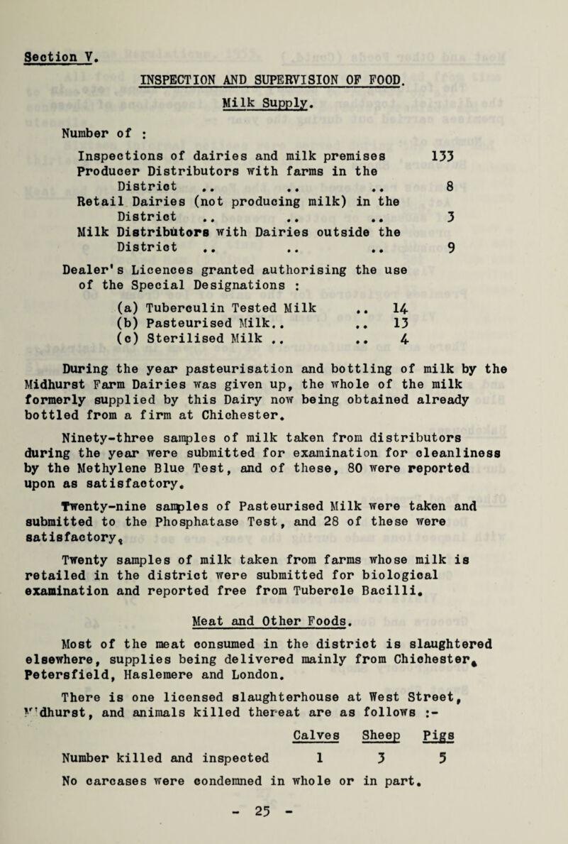 INSPECTION AND SUPERVISION OF FOOD. Milk Supply. Number of j Inspections of dairies and milk premises 133 Producer Distributors with farms in the District .. .. .. 8 Retail Dairies (not producing milk) in the District .. .. 3 Milk Distributors with Dairies outside the District .. .. .. 9 Dealer's Licences granted authorising the use of the Special Designations : (a) Tuberculin Tested Milk .. 14- (b) Pasteurised Milk.. .. 13 (c) Sterilised Milk .. .. 4 During the year pasteurisation and bottling of milk by the Midhurst Farm Dairies was given up, the whole of the milk formerly supplied by this Dairy now being obtained already bottled from a firm at Chichester. Ninety-three samples of milk taken from distributors during the year were submitted for examination for cleanliness by the Methylene Blue Test, and of these, 80 were reported upon as satisfactory. Twenty-nine sanples of Pasteurised Milk were taken and submitted to the Phosphatase Test, and 28 of these were satisfactory, Twenty samples of milk taken from farms whose milk is retailed in the district were submitted for biological examination and reported free from Tubercle Bacilli. Meat and Other Foods. Most of the meat consumed in the district is slaughtered elsewhere, supplies being delivered mainly from Chichester4 Petersfield, Hasleraere and London. There is one licensed slaughterhouse at West Street, M'dhurst, and animals killed thereat are as follows :- Calves Sheep Pigs Number killed and inspected 135 No carcases were condemned in whole or in part.