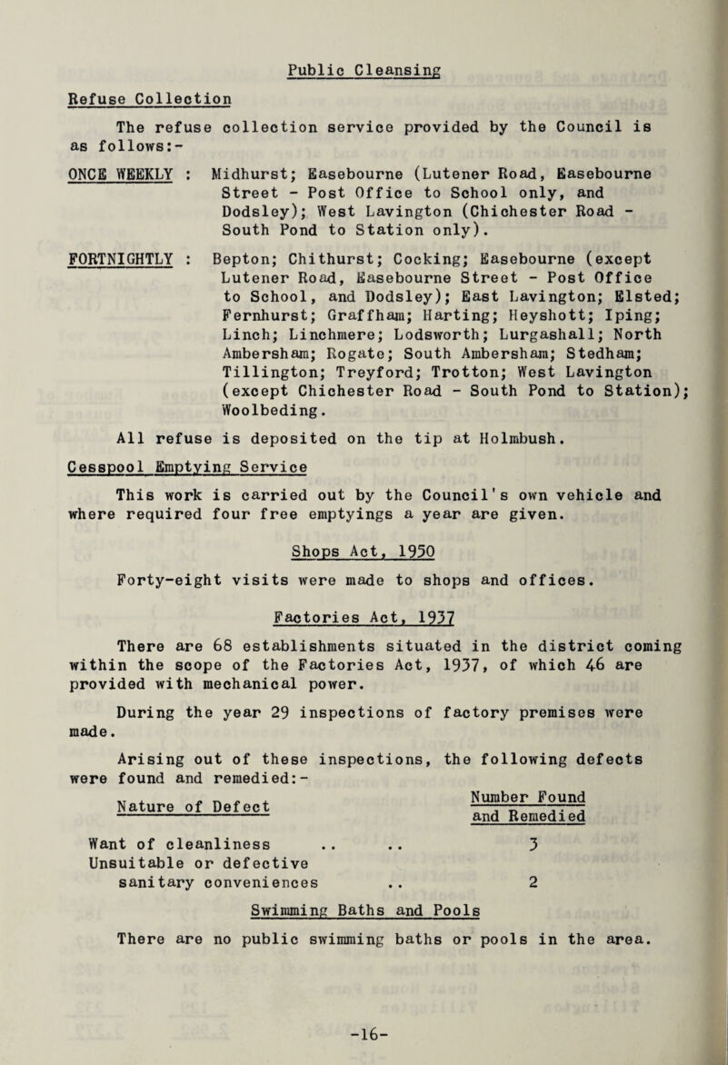 Refuse Collection Public Cleansing The refuse collection service provided by the Council is as follows:- ONCE WEEKLY : Midhurst; Easebourne (Lutener Road, Easebourne Street - Post Office to School only, and Dodsley); West Lavington (Chichester Road - South Pond to Station only). FORTNIGHTLY : Bepton; Chithurst; Cocking; Easebourne (except Lutener Road, Easebourne Street - Post Office to School, and Dodsley); East Lavington; Elsted; Fernhurst; Graffham; Harting; Heyshott; Iping; Linch; Linchmere; Lodsworth; Lurgashall; North Ambershara; Rogate; South Ambershara; Stedham; Tillington; Treyford; Trotton; West Lavington (except Chichester Road - South Pond to Station); Woolbeding. All refuse is deposited on the tip at Holmbush. Cesspool Emptying Service This work is carried out by the Council's own vehicle and where required four free emptyings a year are given. Shops Act, 1930 Forty-eight visits were made to shops and offices. Factories Act, 1937 There are 68 establishments situated in the district coming within the scope of the Factories Act, 1937» of which 4-6 are provided with mechanical power. During the year 29 inspections of factory premises were made. Arising out of these inspections, were found and remedied:- Nature of Defect the following defects Number Found and Remedied Want of cleanliness .. .. 3 Unsuitable or defective sanitary conveniences .. 2 Swimming Baths and Pools There are no public swimming baths or pools in the area. -16-