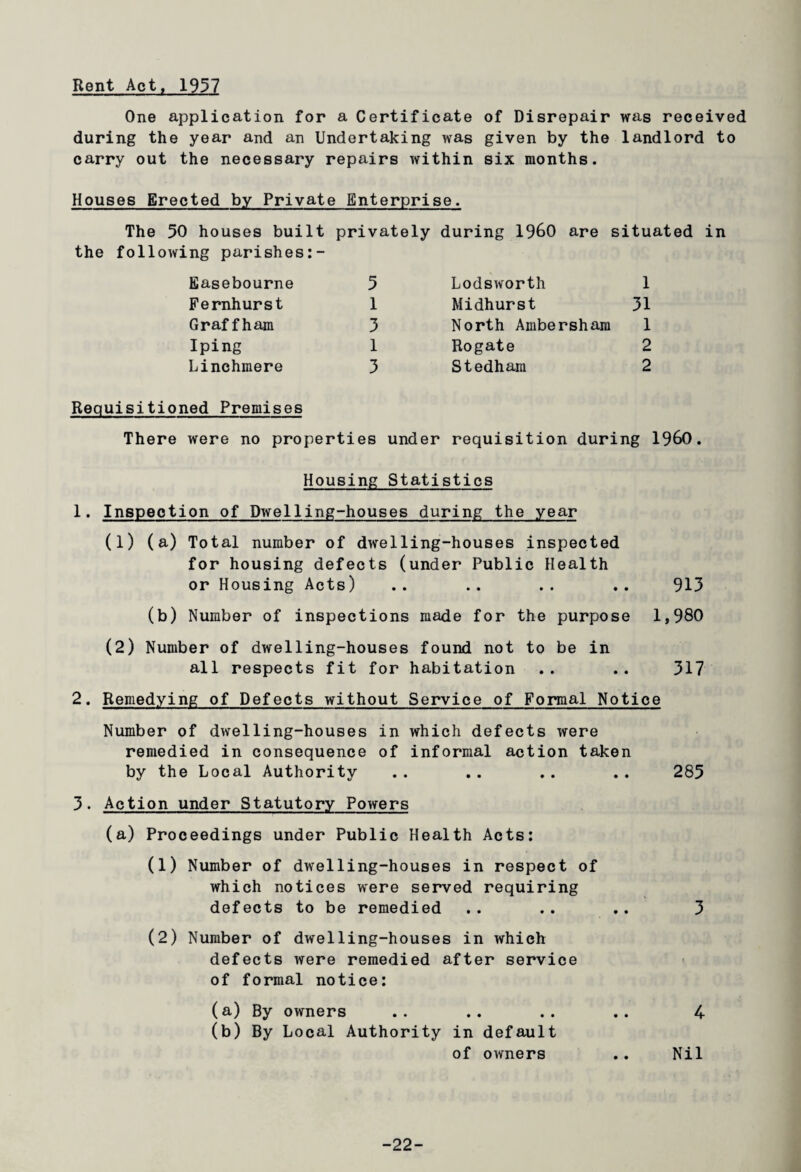 Rent Act, 1957 One application for a Certificate of Disrepair was received during the year and an Undertaking was given by the landlord to carry out the necessary repairs within six months. Houses Erected by Private Enterprise. The 50 houses built privately during I960 are situated the following parishes:- fiasebourne 5 Lodsworth 1 Fernhurst 1 Midhurst 31 Graf f ham 3 North Ambersham 1 Iping 1 Rogate 2 Linchmere 3 Stedham 2 Requisitioned Premises There were no properties under requisition during I960. Housing Statistics 1. Inspection of Dwelling-houses during the year (1) (a) Total number of dwelling-houses inspected for housing defects (under Public Health or Housing Acts) .. .. .. .. 913 (b) Number of inspections made for the purpose 1,980 (2) Number of dwelling-houses found not to be in all respects fit for habitation .. .. 317 2. Remedying of Defects without Service of Formal Notice Number of dwelling-houses in which defects were remedied in consequence of informal action taken by the Local Authority .. .. .. .. 285 3. Action under Statutory Powers (a) Proceedings under Public Health Acts: (1) Number of dwelling-houses in respect of which notices were served requiring defects to be remedied .. .. .. 3 (2) Number of dwelling-houses in which defects were remedied after service of formal notice: (a) By owners .. .. .. .. 4 (b) By Local Authority in default of owners .. Nil -22-