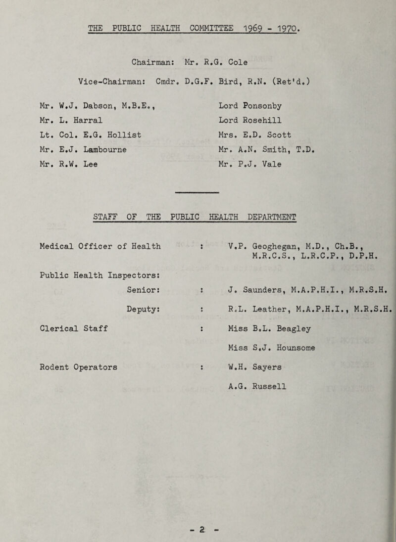 THE PUBLIC HEALTH COMMITTEE 1969 - 1970 Chairman: Mr. R.G. Cole Vice-Chairman: Cmdr. D.G.F. Bird, R.N. (Ret’d.) Mr. W.J. Dabson, M.B.E., Lord Ponsonby Mr. L. Harral Lord Rosehill Lt. Col. E.G. Hollist Mrs. E.D. Scott Mr. E.J. Lambourne Mr. A.N. Smith, T.D. Mr. R.W. Lee Mr, P.J. Vale STAFF OF THE PUBLIC HEALTH DEPARTMENT Medical Officer of Health : V.P. Geoghegan, M.D., Ch.B., M.R.C.S., L.R.C.P., D.P.H. Public Health Inspectors: Senior: : J. Saunders, M.A.P.H.I., M.R.S.H, Deputy: : R.L. Leather, M.A.P.H.I., M.R.S.H. Clerical Staff : Miss B.L. Beagley Miss S,J. Hounsome Rodent Operators : W.H. Sayers A.G. Russell