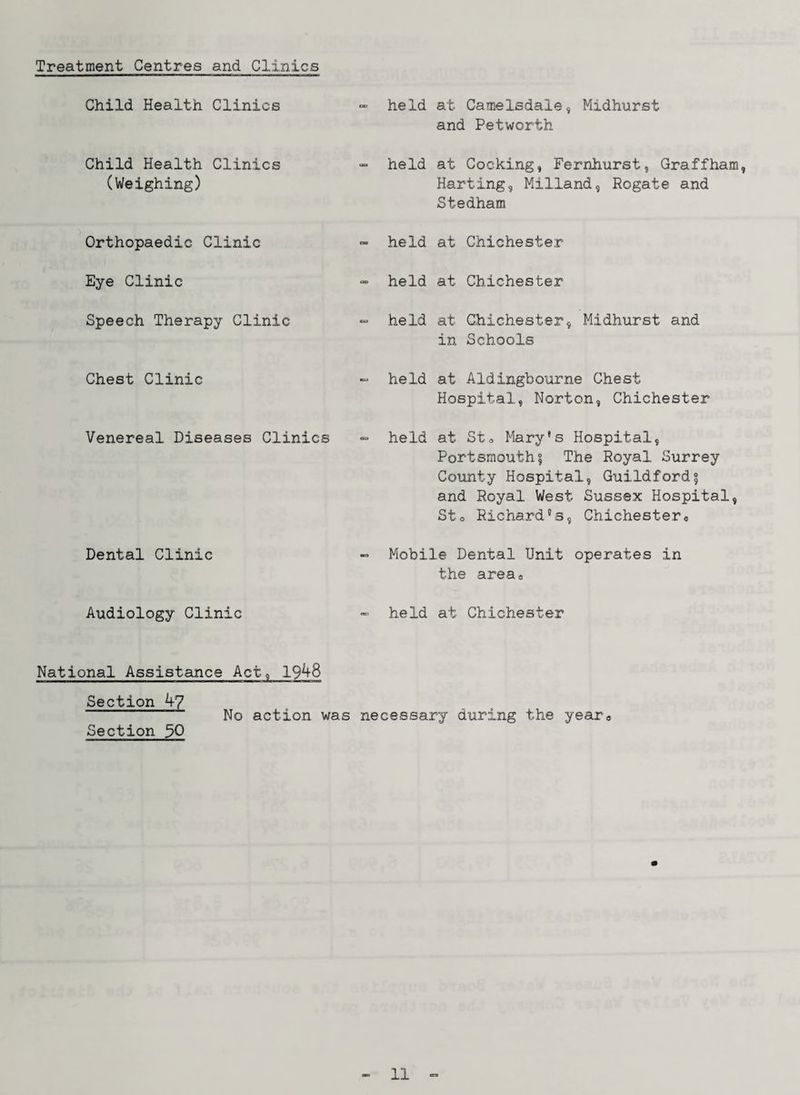 Treatment Centres and Clinics Child Health Clinics Child Health Clinics (Weighing) Orthopaedic Clinic Eye Clinic Speech Therapy Clinic Chest Clinic Venereal Diseases Clinics Dental Clinic Audiology Clinic held at Camelsdaie, Midhurst and Petworth held at Cocking, Fernhurst, Graffham, Harting, Midland, Rogate and Stedham held at Chichester held at Chichester held at Chichester, Midhurst and in Schools held at Aldingbourne Chest Hospital, Norton, Chichester held at St» Mary's Hospital, Portsmouth| The Royal Surrey County Hospital, Guildford? and Royal West Sussex Hospital, Sto Richard's, Chichester, Mobile Dental Unit operates in the area. held at Chichester National Assistance Act, 1948 Section 4? No action was necessary during the year® Section 50