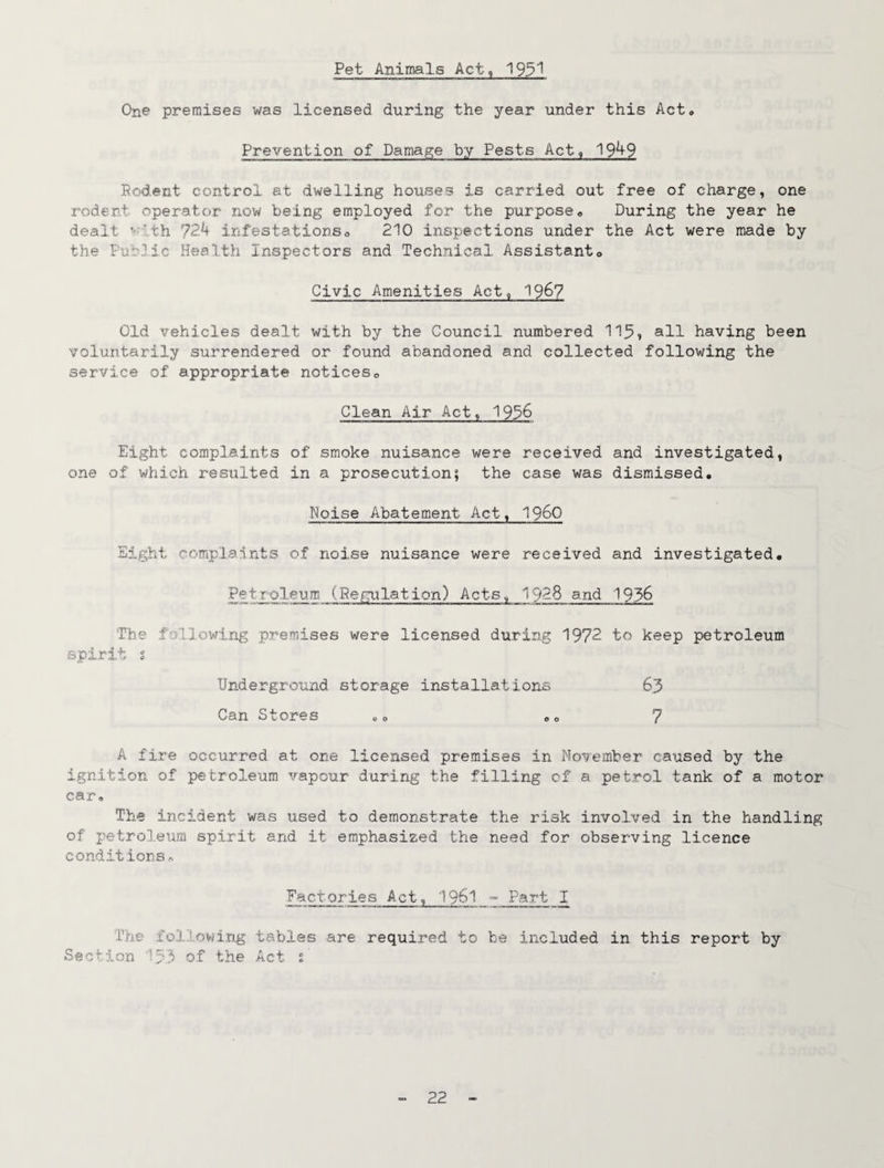 Pet Animals Act, 193'^ One premises was licensed during the year under this Act* Prevention of Damage by Pests Act, 19^9 Podent control at dwelling houses is carried out free of charge, one rodent operator nov/ being employed for the purpose« During the year he dealt ^-'th 72^ infestationso 210 inspections under the Act were made by the Public Health Inspectors and Technical Assistanto Civic Amenities Act, 196? Old vehicles dealt with by the Council numbered 115» having been voluntarily surrendered or found abandoned and collected following the service of appropriate noticeso Clean Air Act, 1936 Eight complaints of smoke nuisance were received and investigated, one of which resulted in a prosecution; the case was dismissed* Noise Abatement Act, I960 E5.ght complaints of noise nuisance were received and investigated* Petroleum (Regulation) Acts, 1928 snd 1936 The follov/ing premises were licensed during 1972 to keep petroleum spirit s Underground storage installations 63 Can Stores oo *o 7 A fire occurred at one licensed premises in November caused by the ignition of petroleum vapour during the filling cf a petrol tank of a motor car. The incident was used to demonstrate the risk involved in the handling of x'etroleum spirit and it emphasized the need for observing licence conditions r. Factories Act, I96I - Part j The following tables are required to be included in this report by Section '133 of the Act t.