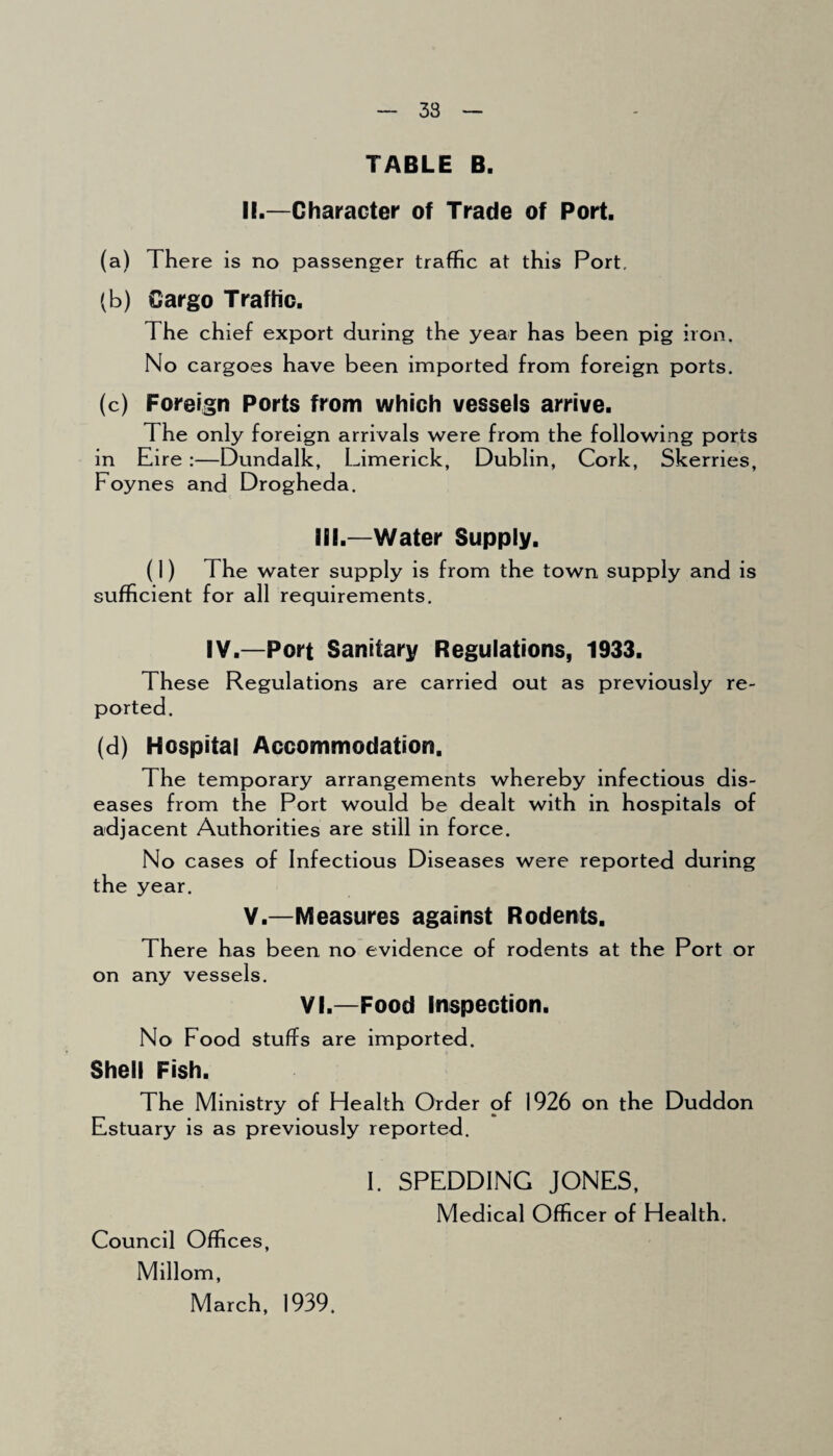 33 TABLE B. II.—Character of Trade of Port. (a) There is no passenger traffic at this Port, (b) Cargo Traffic. The chief export during the year has been pig iron. No cargoes have been imported from foreign ports. (c) Foreign Ports from which vessels arrive. The only foreign arrivals were from the following ports in Eire :—Dundalk, Limerick, Dublin, Cork, Skerries, Foynes and Drogheda. III.—Water Supply. (1) The water supply is from the town supply and is sufficient for all requirements. IV.—Port Sanitary Regulations, 1933. These Regulations are carried out as previously re¬ ported. (d) Hospital Accommodation. The temporary arrangements whereby infectious dis¬ eases from the Port would be dealt with in hospitals of adjacent Authorities are still in force. No cases of Infectious Diseases were reported during the year. V.—Measures against Rodents. There has been no evidence of rodents at the Port or on any vessels. VI.—Food Inspection. No Food stuffs are imported. Shell Fish. The Ministry of Health Order of 1926 on the Duddon Estuary is as previously reported. I. SPEDDING JONES, Medical Officer of Health. Council Offices, Millom,