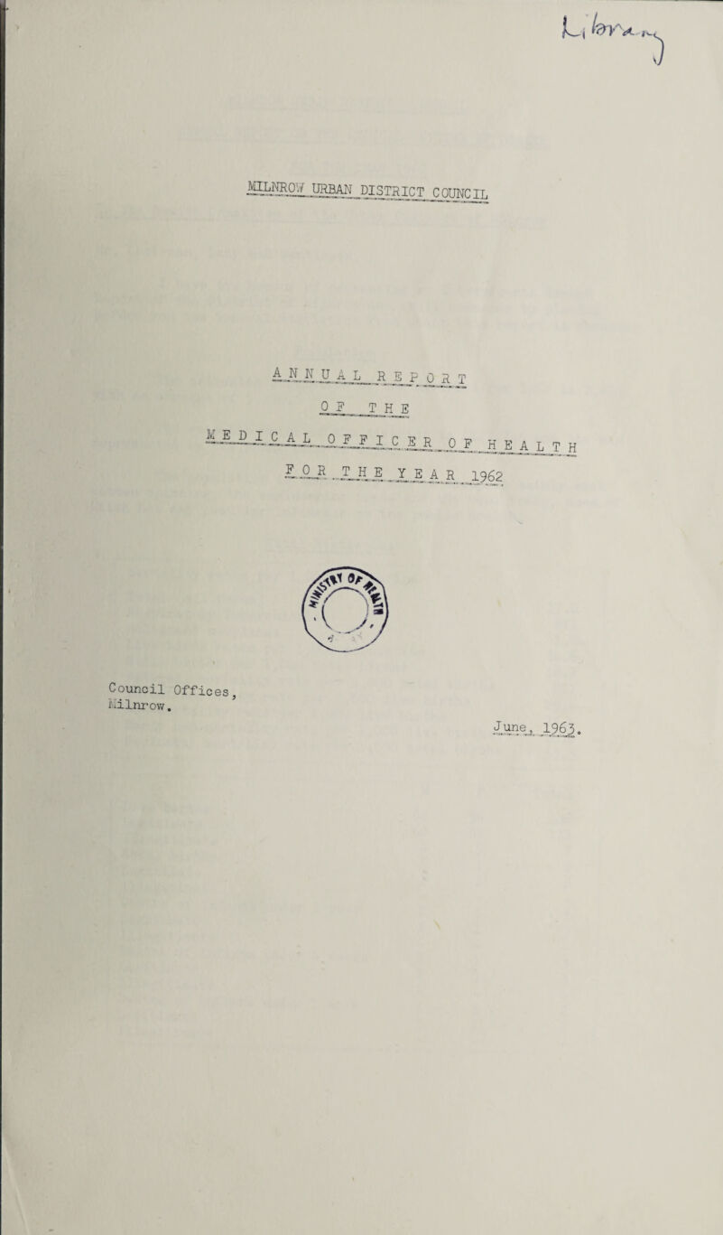 URBANJjISTRICT COUNCIL LJUL UAL REP _Q a T 0? T H _B CEE OF HEALTH LSUL XIEJIiR 1962 Council Offices, liilnrow. June,. 1963.