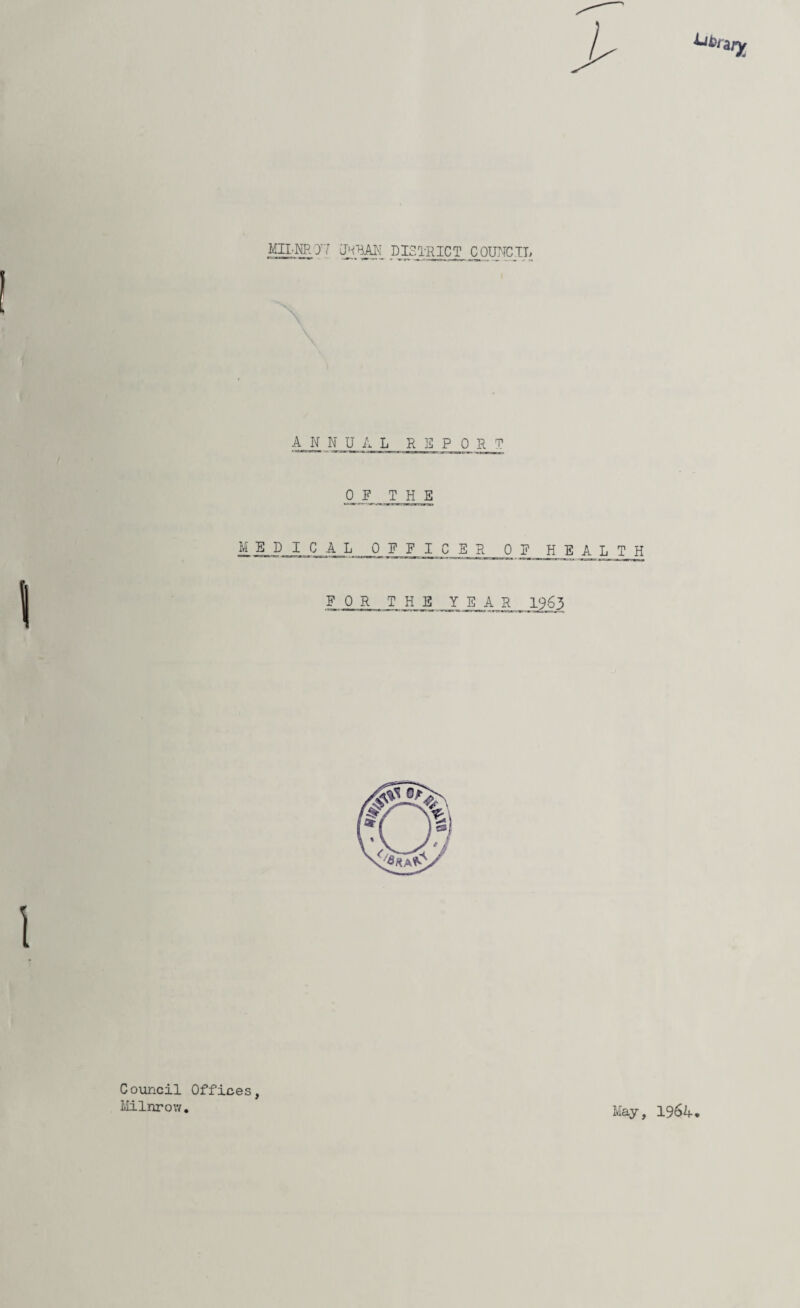 MIL NR'07 URBAN DISTRICT COUNCIL ANNUAL REPORT 0 F THE MEDICAL OFFICER 0 F H E A L T H FOR THE YEAR 1965 Council Offices, Milnrow. May, 1964•