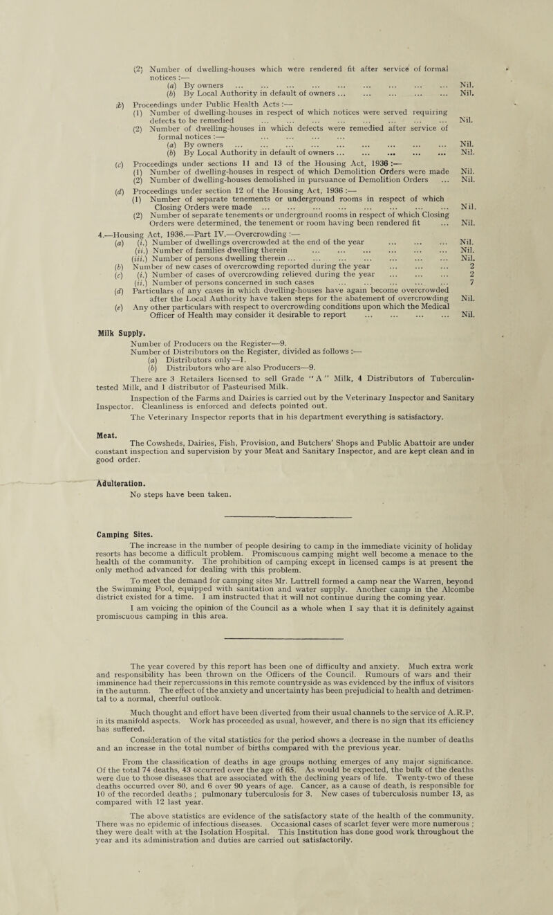 notices :■— (a) By owners (b) By Local Authority in default of owners ... ;fc) Proceedings under Public Health Acts (1) Number of dwelling-houses in respect of which notices were served requiring defects to be remedied (2) Number of dwelling-houses in which defects were remedied after service of formal notices (a) By owners (b) By Local Authority in default of owners ... ... ... (e) Proceedings under sections 11 and 13 of the Housing Act, 1936:— (1) Number of dwelling-houses in respect of which Demolition Orders were made (2) Number of dwelling-houses demolished in pursuance of Demolition Orders (d) Proceedings under section 12 of the Housing Act, 1936 (1) Number of separate tenements or underground rooms in respect of which Closing Orders were made (2) Number of separate tenements or underground rooms in respect of which Closing Orders were determined, the tenement or room having been rendered fit 4.—Housing Act, 1936..—Part IV.—Overcrowding :■— (a) (i.) Number of dwellings overcrowded at the end of the year (it.) Number of families dwelling therein (Hi.) Number of persons dwelling therein ... (b) Number of new cases of overcrowding reported during the year (c) (i.) Number of cases of overcrowding relieved during the year (ii.) Number of persons concerned in such cases (d) Particulars of any cases in which dwelling-houses have again become overcrowded after the Local Authority have taken steps for the abatement of overcrowding (e) Any other particulars with respect to overcrowding conditions upon which the Medical Officer of Health may consider it desirable to report Nil. Nil. Nil. Nil. Nil. Nil. Nil. Nil. Nil. Nil. Nil. Nil. 2 2 7 Nil. Nil. Milk Supply. Number of Producers on the Register—9. Number of Distributors on the Register, divided as follows :•—■ (а) Distributors only—1. (б) Distributors who are also Producers—9. There are 3 Retailers licensed to sell Grade “ A ” Milk, 4 Distributors of Tuberculin- tested Milk, and 1 distributor of Pasteurised Milk. Inspection of the Farms and Dairies is carried out by the Veterinary Inspector and Sanitary Inspector. Cleanliness is enforced and defects pointed out. The Veterinary Inspector reports that in his department everything is satisfactory. Meat. The Cowsheds, Dairies, Fish, Provision, and Butchers’ Shops and Public Abattoir are under constant inspection and supervision by your Meat and Sanitary Inspector, and are kept clean and in good order. Adulteration. No steps have been taken. Camping Sites. The increase in the number of people desiring to camp in the immediate vicinity of holiday resorts has become a difficult problem. Promiscuous camping might well become a menace to the health of the community. The prohibition of camping except in licensed camps is at present the only method advanced for dealing with this problem. To meet the demand for camping sites Mr. Luttrell formed a camp near the Warren, beyond the Swimming Pool, equipped with sanitation and water supply. Another camp in the Alcombe district existed for a time. I am instructed that it will not continue during the coming year. I am voicing the opinion of the Council as a whole when I say that it is definitely against promiscuous camping in this area. The year covered by this report has been one of difficulty and anxiety. Much extra work and responsibility has been thrown on the Officers of the Council. Rumours of wars and their imminence had their repercussions in this remote countryside as was evidenced by tne influx of visitors in the autumn. The effect of the anxiety and uncertainty has been prejudicial to health and detrimen¬ tal to a normal, cheerful outlook. Much thought and effort have been diverted from their usual channels to the service of A.R.P. in its manifold aspects. Work has proceeded as usual, however, and there is no sign that its efficiency has suffered. Consideration of the vital statistics for the period shows a decrease in the number of deaths and an increase in the total number of births compared with the previous year. From the classification of deaths in age groups nothing emerges of any major significance. Of the total 74 deaths, 43 occurred over the age of 65. As would be expected, the bulk of the deaths were due to those diseases that are associated with the declining years of life. Twenty-two of these deaths occurred over 80. and 6 over 90 years of age. Cancer, as a cause of death, is responsible for 10 of the recorded deaths ; pulmonary tuberculosis for 3. New cases of tuberculosis number 13, as compared with 12 last year. The above statistics are evidence of the satisfactory state of the health of the community. There was no epidemic of infectious diseases. Occasional cases of scarlet fever were more numerous : they were dealt with at the Isolation Hospital. This Institution has done good work throughout the year and its administration and duties are carried out satisfactorily.