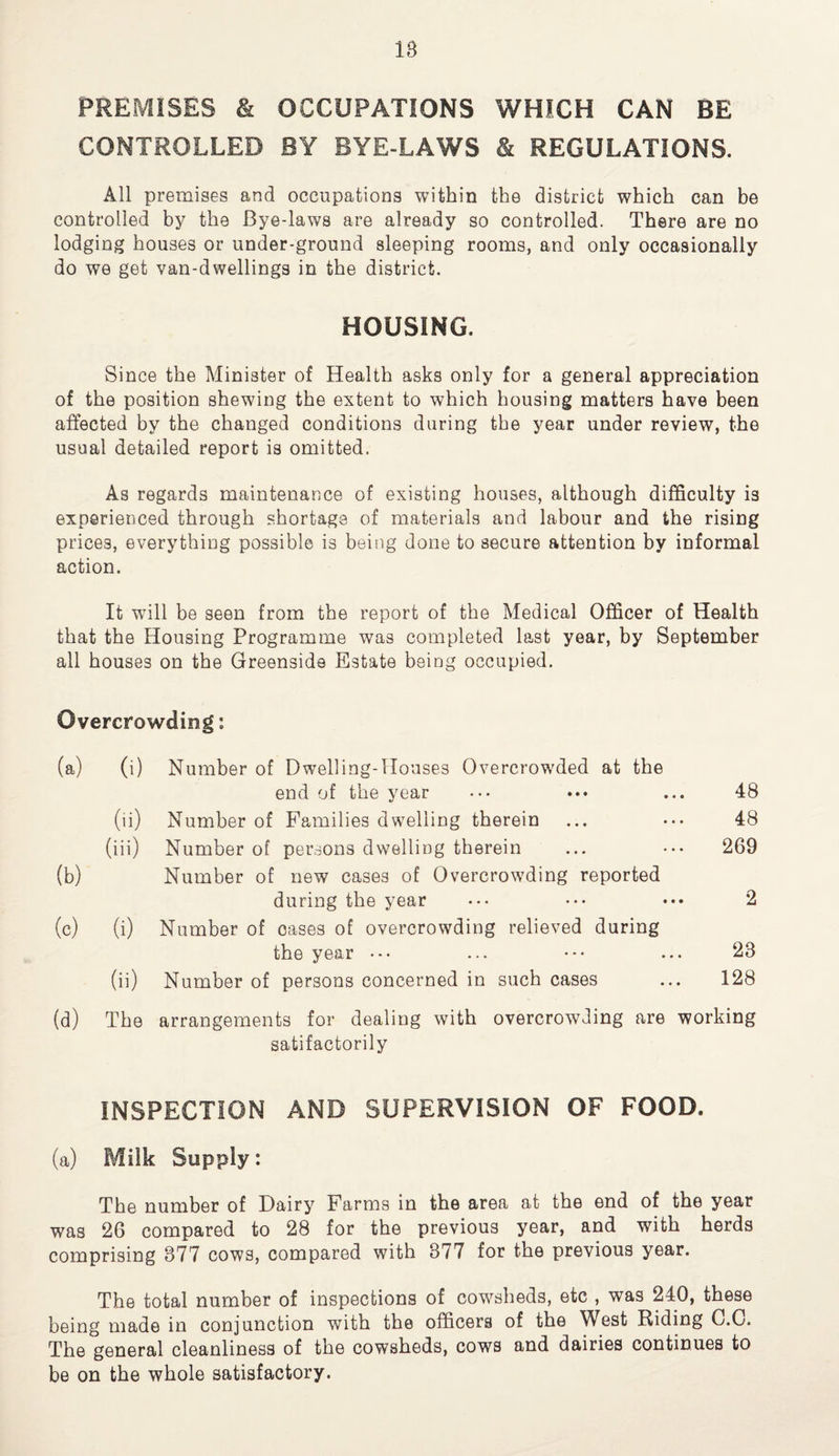 PREMISES & OCCUPATIONS WHICH CAN BE CONTROLLED BY BYE-LAWS & REGULATIONS. All premises and occupations within the district which can be controlled by the Bye-laws are already so controlled. There are no lodging houses or under-ground sleeping rooms, and only occasionally do we get van-dwellings in the district. HOUSING. Since the Minister of Health asks only for a general appreciation of the position shewing the extent to which housing matters have been affected by the changed conditions during the year under review, the usual detailed report is omitted. As regards maintenance of existing houses, although difficulty is experienced through shortage of materials and labour and the rising prices, everything possible is being done to secure attention by informal action. It will be seen from the report of the Medical Officer of Health that the Housing Programme was completed last year, by September all houses on the Greenside Estate being occupied. Overcrowding: (a) (i) Number of Dwelling-Houses Overcrowded at the end of the year • •• ••• ... 48 (ii) Number of Families dwelling therein ... ••• 48 (iii) Number of persons dwelling therein ... ••• 269 (b) Number of new cases of Overcrowding reported during the year ••• ••• ••• 2 (c) (i) Number of oases of overcrowding relieved during the year ••• ... ••• ... 23 (ii) Number of persons concerned in such cases ... 128 (d) The arrangements for dealing with overcrowding are working satifactorily INSPECTION AND SUPERVISION OF FOOD. (a) Milk Supply: The number of Dairy Farms in the area at the end of the year was 26 compared to 28 for the previous year, and with herds comprising 377 cows, compared with 377 for the previous year. The total number of inspections of cowsheds, etc , was 240, these being made in conjunction with the officers of the West Riding C.O. The general cleanliness of the cowsheds, cows and dairies continues to be on the whole satisfactory.