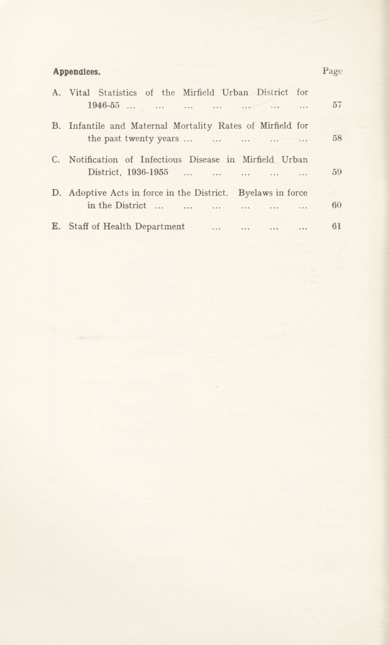 Appendices. Page A. Vita! Statistics of the Mirfield Urban District for 1946-55 ... ... ... ... ... ... ... 57 B. Infantile and Maternal Mortality Rates of Mirfield for the past twenty years ... ... ... ... ... 58 C. Notification of Infectious Disease in Mirfield Urban District, 1936-1955 ... ... ... ... ... 59 D. Adoptive Acts in force in the District. Byelaws in force in the District ... ... ... ... ... ... 60 E. Staff of Health Department ... ... ... ... 61