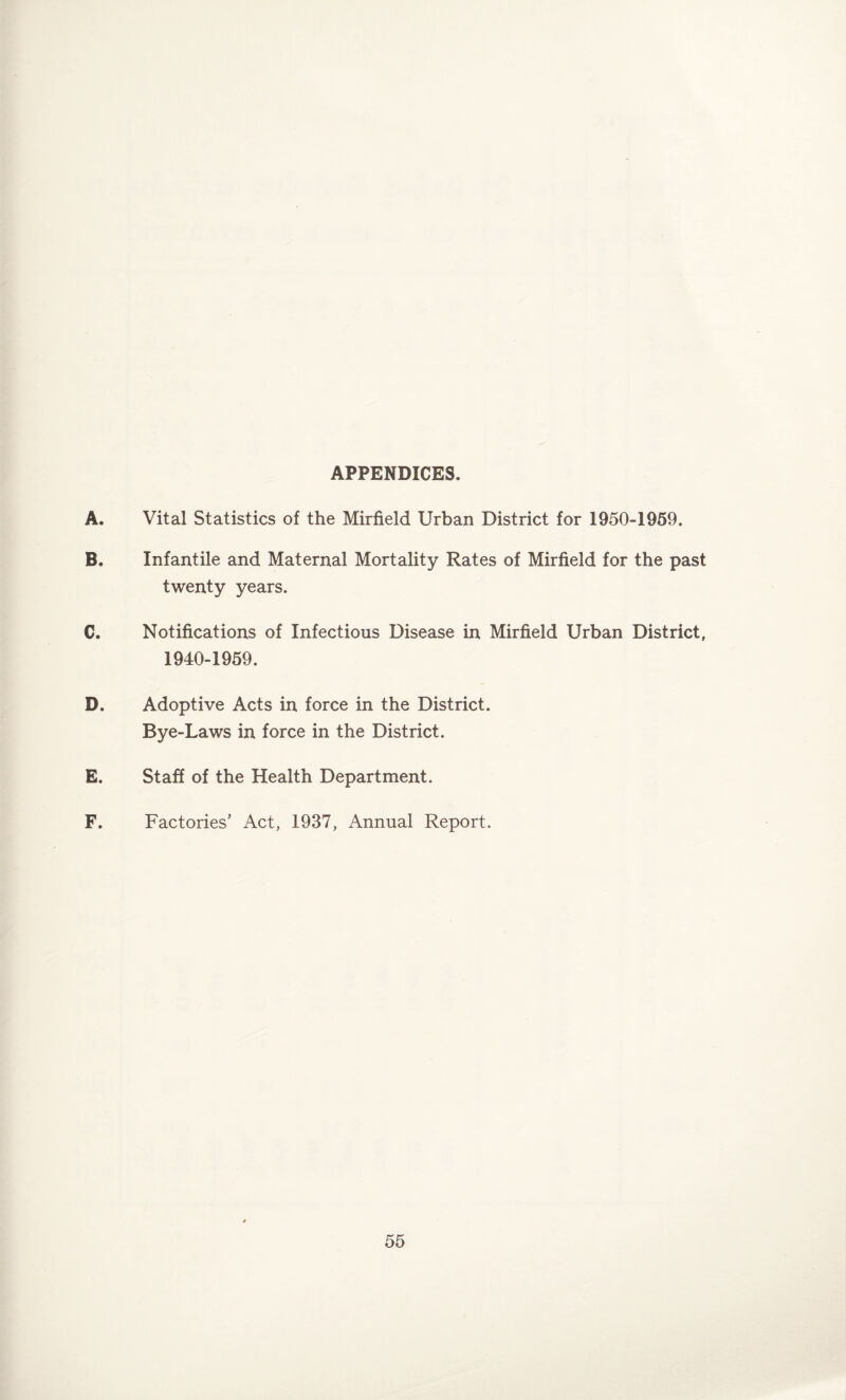 APPENDICES. A. Vital Statistics of the Mirfield Urban District for 1950-1959. B. Infantile and Maternal Mortality Rates of Mirfield for the past twenty years. C. Notifications of Infectious Disease in Mirfield Urban District, 1940-1959. D. Adoptive Acts in force in the District. Bye-Laws in force in the District. E. Staff of the Health Department. F. Factories’ Act, 1937, Annual Report.
