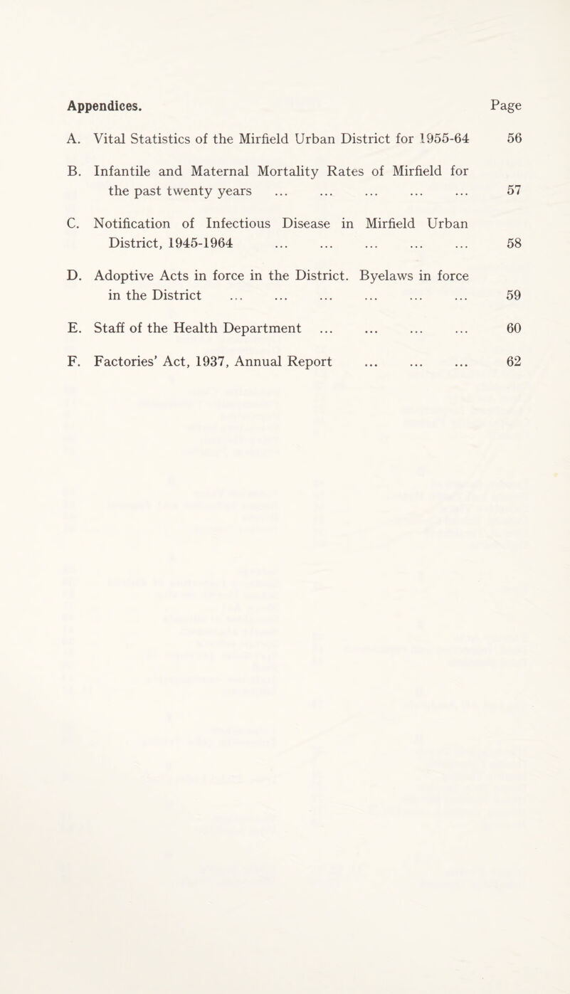 Appendices. Page A. Vital Statistics of the Mirfield Urban District for 1955-64 56 B. Infantile and Maternal Mortality Rates of Mirfield for the past twenty years ... ... ... ... ... 57 C. Notification of Infectious Disease in Mirfield Urban District, 1945-1964 ... ... ... ... ... 58 D. Adoptive Acts in force in the District. Byelaws in force in the District ... ... ... ... ... ... 59 E. Staff of the Health Department ... ... ... ... 60 F. Factories’ Act, 1937, Annual Report ... ... ... 62