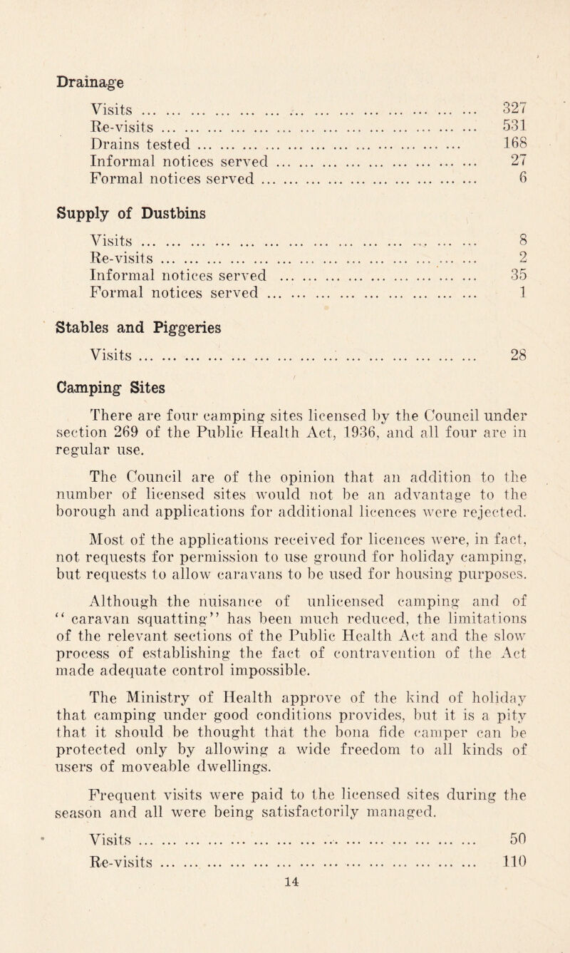 Drainage Visits . 327 Re-visits.... . 531 Drains tested. 168 Informal notices served. 27 Formal notices served. 6 Supply of Dustbins Visits. ... ... 8 Re-visits. ... ... . 2 Informal notices served ... .... ... ... 35 Formal notices served . 1 Stables and Piggeries Visits. 28 Camping Sites There are four camping sites licensed by the Council under section 269 of the Public Health Act, 1936, and all four are in regular use. The Council are of the opinion that an addition to the number of licensed sites would not be an advantage to the borough and applications for additional licences were rejected. Most of the applications received for licences were, in fact, not requests for permission to use ground for holiday camping, but requests to allow caravans to be used for housing purposes. Although the nuisance of unlicensed camping and of ” caravan squatting” has been much reduced, the limitations of the relevant sections of the Public Health Act and the slow process of establishing the fact of contravention of the Act made adequate control impossible. The Ministry of Health approve of the kind of holiday that camping under good conditions provides, but it is a pity that it should be thought that the bona fide camper can be protected only by allowing a wide freedom to all kinds of users of moveable dwellings. Frequent visits were paid to the licensed sites during the season and all were being satisfactorily managed. Visits.. 50 Re-visits. 110