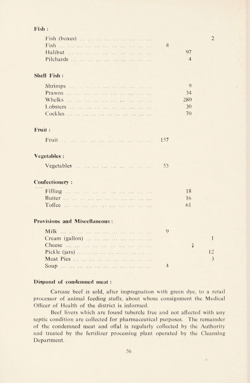 Fish : Fish (boxes) .... .... 2 Fish . 8 Halibut . 97 Pilchards . 4 Shell Fish : Shrimps . 9 Prawns . 34 Whelks .. ... 280 Lobsters . 30 Cockles .. 70 Fruit : Fruit. 157 Vegetables ; Vegetables ... . ... ... ... ... 55 18 16 61 Confectionery : Filling ... Butter ... Toffee ... Provisions and Miscellaneous : 1 i 4 12 3 Disposal of condemned meat : Carcase beef is sold, after impregnation with green dye, to a retail processor of animal feeding stuffs, about whose consignment the Medical Officer of Health of the district is informed. Beef livers which are found tubercle free and not affected with any septic condition are collected for pharmaceutical purposes. The remainder of the condemned meat and offal is regularly collected by the Authority and treated by the fertilizer processing plant operated by the Cleansing Department. Milk. Cream (gallon) Cheese . Pickle (jars) ... Meat Pies. Soun .