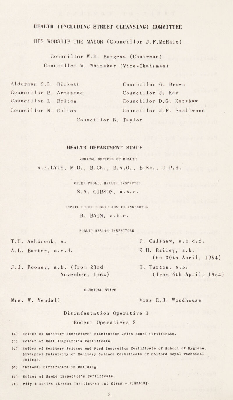 HEALTH (INCLUDING STREET CLEANSING) COMMITTEE HIS WORSHIP THE MAYOR (Councillor J.F.McHale) Councillor W.H. Burgess (Chairman) Councillor W. Whitaker (Vice-Chairman) A1 dertnan S . L . Councillor B. Counc i 1 1 or L. Councillor N. B i r k e 11 Armstead B o 1 t. o n Bo1 ton Council lor Coun ci1 lor Counci11 or Councillor Councillor R. Taylor G. Brown J. Kay D. G. Kershaw J.F. Smallwood HEALTH DEPARTMENT STAFF MEDICAL OFFICER OF HEALTH W.F.LYLE, M.D., B.Ch., B.A.O., B.Sc., D.P.H. CHIEF PUBLIC HEALTH INSPECTOR S. A. GIBSON, a.b.c. DEPUTY CHIEF PUBLIC HEALTH INSPECTOR R. BAIN, a.b.e. PUBLIC HEALTH INSPECTORS T.H. Ashbrook, a. P. Culshaw, a.b.d.f. A . L. Baxter, a.c.d. K.H. Bailey,a.b. (to 30th April, 1964) J. J. Rooney, a.b. (from 23rd T. Turton, a.b. Novembe r, 1964) (from 6th Apri1, 1964 ) CLERICAL STAFF Mrs. W. Yeudall Miss C.J. Woodhouse Disinfestation Operative 1 Rodent Operatives 2 (a) Holder of Sanitary Inspectors' Examination Joint Board Certificate. (b) Holder of Meat Inspector's Certificate. (c) Holder of Sanitary Science and Food Inspection Certificate of School of Hygiene, Liverpool University o~ Sanitary Science Certificate of Salford Royal Technical College. (d) National Certificate In Building. (e) Holder of Smoke Inspector's Certificate. (f) City & Guilds (London Ins'itut^s) ist Class - Plumbing.
