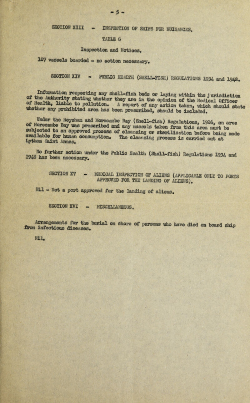 9 ■i 5 ** SECTION XIII - INSPECTION OP SHIPS FOR 1RJISANCE3. TABUS G * Inspection and notices. 1^/ \fv:3zicl& boarded — no action necessary* SEGTIOH XIV - PUBLIC HEALTH (SHKIJUFISH) RI3GUIATIONS 1934 and 1948. Information respecting any shell-fish beds or laying vlthln the 1 urisdiction of th°y 111 *** °Pinloa itedicai Officer v A Jrap0rt of “V action taken, which should state wiotho* an., pronivited area has boon prescribed, should be Included* Of 1-!!^. ^0niiay3haa •* Korcombo Bay (Shell-fish) Regulations, 1926, an area llSy ^ “RS pr?3Cribed 3113 a,ly “hssels taken from this area auct be ?*!“** *° “ m*ovod process of cleansing or sterilisation before being made Lv*P?*>^|f?rhum!m consumption. The olearning process is carried out at ^!l°T B0ti0n Und8r FubUo Health (Shell-fish) Regulations 1934 and 194b has been necessary* SECTION XV - MEDICAL INSPECTION OF ALIENS (APPLICABLE ONLY TO POETS APPROVED FOR THE LANDING OF ALIENS), Nil - Not a port approved for the landing of aliens* SECTION XVI - MISCELLANEOUS. Armigeaents far the burial on shore of persons \&io have died on board shiu iron infectious diseases, * mi* I