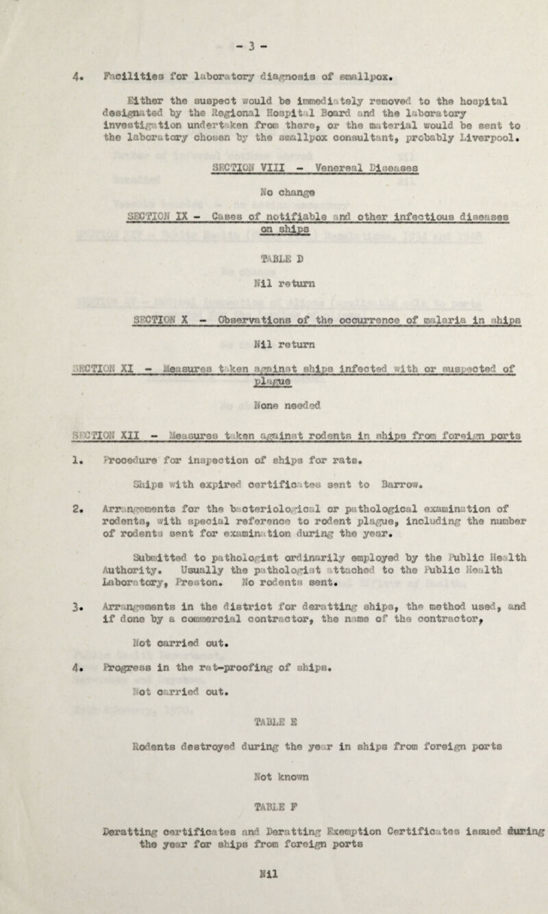 - 3 - 4* Facilities for laboratory diagnosis of MMllpcau Either the suspect would be limned it sly removed to the hospital designated by the Regional Hospital Board and the laboratory investigation undert ken from there, or the material would be sent to the laboratory chosen by the smallpox consultint, probably Liverpool. SECTION VIII - Venereal Diseases No change Sj3CTICN IX - Cases of notifiable and other infectious diseases on ships table d Nil return SECTION X - Observations of the occurrence of malaria in ships Nil return • 'ECTI L XI - measures t ken against ships Infected with or suspected of plague None needed POTION XII - . eaaures t ken against rodents in ships from foreign ports 1. Prooedure for inspection of ships for rats. Ships with expired certificates sent to Barrow. 2. Arrangements for the b cteriolo, ical or pathological examination of rodents, with special reference to rodent plague, including the number of rodent 5 sent for exumin fcion during the year. Submitted to pathologist ordinarily employed by the IPblic He 1th Authority. Usually the pathologist ttached to the Public Health Lobor tory, Preston. No rodents sent. 3. Arrangements in the district for deratting ships, the method used, and if done by a commercial contractor, the n me of the contractor, Hot carried out. 4. Progress in the rat-proofing of ships. ot carried out. TABLE E Rodents destroyed during the ye r in ships from foreign ports Not known TABLE P Deratting certificates and Deratting Exemption Certificates issued during the year for ships from foreign ports Nil