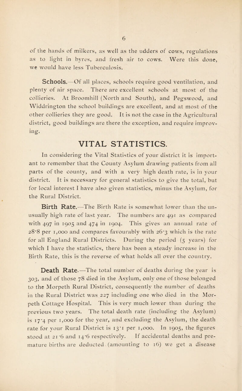 of the hands of milkers, as well as the udders of cows, regulations as to light in byres, and fresh air to cows. Were this done, we would have less Tuberculosis. Schools.—Of all places, schools require good ventilation, and plenty of air space. There are excellent schools at most of the collieries. At Broomhill (North and South), and Pegswood, and Widdrington the school buildings are excellent, and at most of the other collieries they are good. It is not the case in the Agricultural district, good buildings are there the exception, and require improv¬ ing. VITAL STATISTICS. In considering the Vital Statistics of your district it is import¬ ant to remember that the County Asylum drawing patients from all parts of the county, and with a very high death rate, is in your district. It is necessary for general statistics to give the total, but for local interest I have also given statistics, minus the Asylum, for the Rural District. Birth Rate.—The Birth Rate is somewhat lower than the un¬ usually high rate of last year. The numbers are 491 as compared with 497 in 1905 and 474 in 1904. This gives an annual rate of 28*8 per 1,000 and compares favourably with 26*3 which is the rate for all England Rural Districts. During the period (5 years) for which I have the statistics, there has been a steadv increase in the Birth Rate, this is the reverse of what holds all over the countrv. Death Rate.—The total number of deaths during the year is 303, and of those 78 died in the Asylum, only one of those belonged to the Morpeth Rural District, consequently the number of deaths in the Rural District was 227 including one who died in the Mor¬ peth Cottage Hospital. This is very much lower than during the previous two years. The total death rate (including the Asylum) is 17*4 per 1,000 for the year, and excluding the Asylum, the death rate for your Rural District is 13*1 per 1,000. In 1905, the figures stood at 2i-6 and 14*6 respectively. If accidental deaths and pre¬ mature births are deducted (amounting to 16) we get a disease