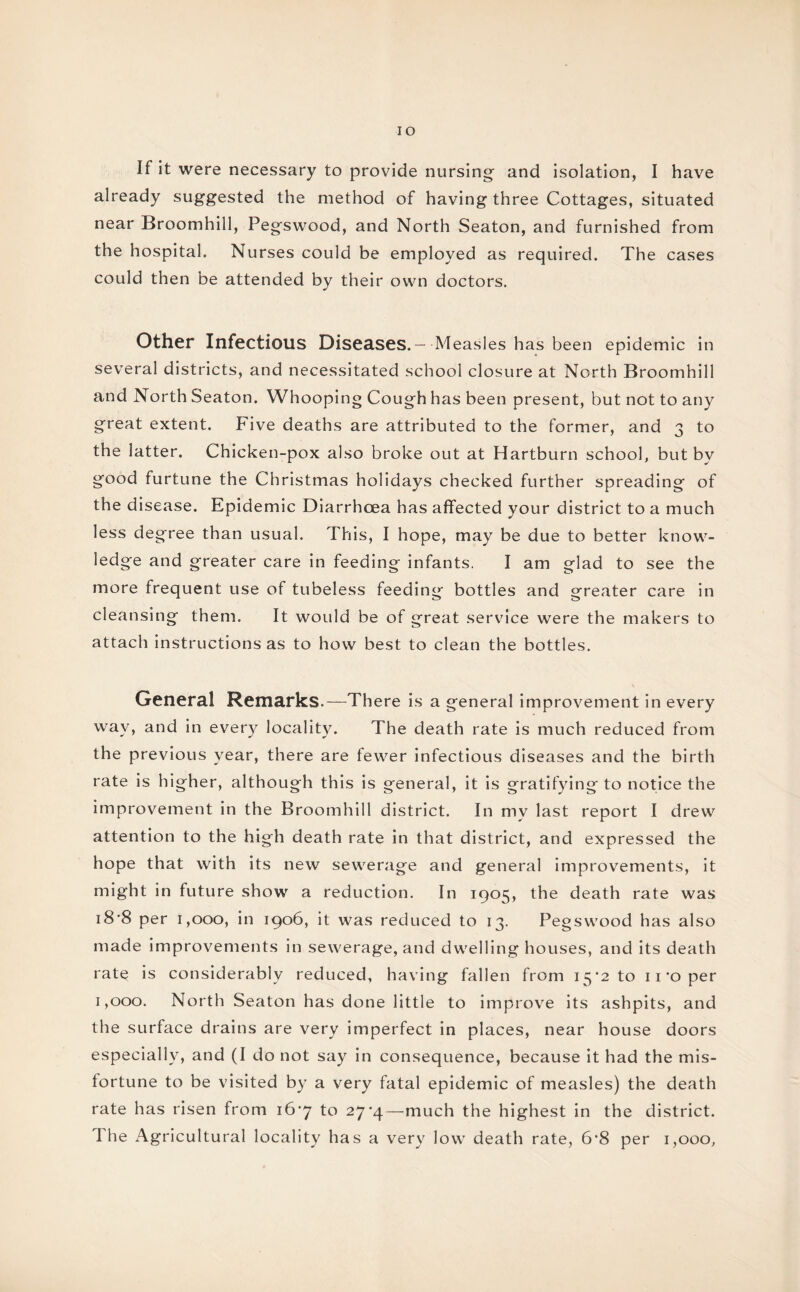 If it were necessary to provide nursing and isolation, I have already suggested the method of having three Cottages, situated near Broomhill, Pegswood, and North Seaton, and furnished from the hospital. Nurses could be employed as required. The cases could then be attended by their own doctors. Other Infectious Diseases.— Measles has been epidemic in several districts, and necessitated school closure at North Broomhill and North Seaton. Whooping Cough has been present, but not to any great extent. Five deaths are attributed to the former, and 3 to the latter. Chicken-pox also broke out at Hartburn school, but by good furtune the Christmas holidays checked further spreading of the disease. Epidemic Diarrhoea has affected your district to a much less degree than usual. This, I hope, may be due to better know¬ ledge and greater care in feeding infants. I am glad to see the more frequent use of tubeless feeding bottles and greater care in cleansing them. It would be of great service were the makers to attach instructions as to how best to clean the bottles. General Remarks.—There is a general improvement in every way, and in every locality. The death rate is much reduced from the previous year, there are fewer infectious diseases and the birth rate is higher, although this is general, it is gratifying to notice the improvement in the Broomhill district. In mv last report I drew attention to the high death rate in that district, and expressed the hope that with its new sewerage and general improvements, it might in future show a reduction. In 1905, the death rate was 18'8 per 1,000, in 1906, it was reduced to 13. Pegswood has also made improvements in sewerage, and dwelling houses, and its death rate is considerably reduced, having fallen from 15'2 to 11 *o per 1,000. North Seaton has done little to improve its ashpits, and the surface drains are very imperfect in places, near house doors especially, and (I do not say in consequence, because it had the mis¬ fortune to be visited by a very fatal epidemic of measles) the death rate has risen from 16*7 to 27*4—much the highest in the district. The Agricultural locality has a very low death rate, 6‘8 per 1,000,