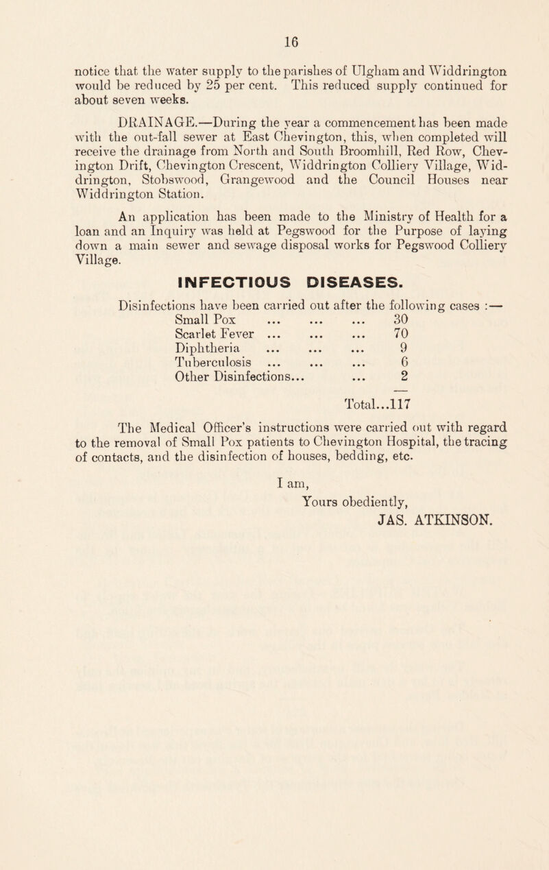 notice that the water supply to the parishes of Ulgham and Widdrington would be reduced by 25 per cent. This reduced supply continued for about seven weeks. DRAINAGE.—During the year a commencement has been made with the out-fall sewer at East Ohevington, this, when completed will receive the drainage from North and South Broomhill, Red Row, Chev- ington Drift, Ohevington Crescent, Widdrington Colliery Village, Wid¬ drington, Stobswood, Grangewood and the Council Houses near Widdrington Station. An application has been made to the Ministry of Health for a loan and an Inquiry was held at Pegswood for the Purpose of laying down a main sewer and sewage disposal works for Pegswood Colliery Village. INFECTIOUS DISEASES Disinfections have been carried out after the following cases :— Small Pox Scarlet Fever ... Diphtheria Tuberculosis Other Disinfections 30 70 9 6 2 Total...117 The Medical Officer’s instructions were carried out with regard to the removal of Small Pox patients to Ohevington Hospital, the tracing of contacts, and the disinfection of houses, bedding, etc. I am Yours obediently, JAS. ATKINSON.