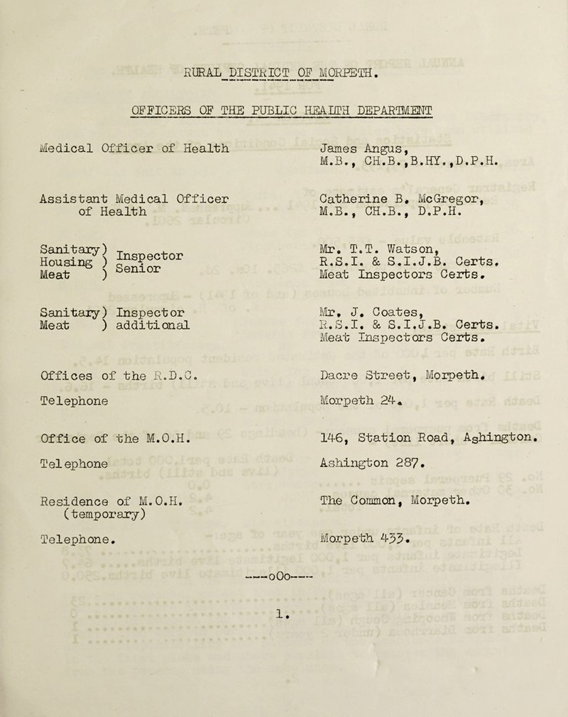 OFFICERS OF THE PUBLIC HEALTH DEPARTMENT Medical Officer of Health James Angus, M.B., GH.B.,B.HY.,D,P.H. Assistant Medical Officer of Health Catherine B. McGregor, M.B., CH.B., D.P.H. Sanitary) T . Housing genior Meat ) Genlor Mr. T.T. Watson, R.S.I. & S.I.J.B. Certs, Meat Inspectors Certs. Sanitary) Inspector Meat ) additional Mr, J. Coates, R.S.I. & S.I.J.B. Certs. Meat Inspectors Certs. Offices of the R.D.C. Dacre Street, Morpeth. Telephone Morpeth 24* Office of the M.O.H. 146, Station Road, Ashington Telephone Ashington 287. Residence of M.O.H, (temporary) The Common, Morpeth. Telephone. Morpeth 433* —0O0-