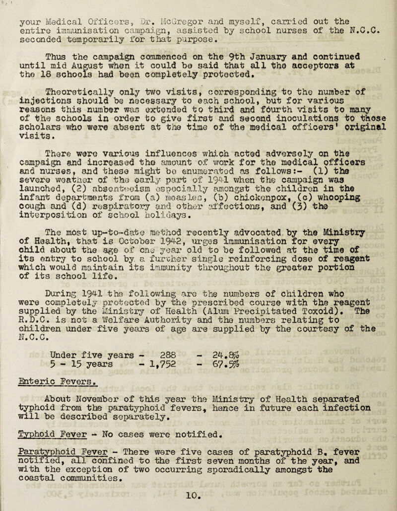your Medical Officers, Dr. McGregor and myself, carried out the entire immunisation campaign, assisted by school nurses of the N.C.G. seconded temporarily for that purpose. Thus the campaign commenced on the 9th January and continued until mid August when it could be said that all tho acceptors at the 18 schools had been completely protected. Theoretically only two visits, corresponding to the number of injections should be necessary to each school, but for various reasons this number was extended to third and fourth visits to many of the schools in order to give first and second inoculations to those scholars who were absent at the time of the medical officers* original visits. There wore various influences which acted adversely on the campaign and increased the amount of work for the medical officers and nurses, and these might bo enumerated as follows:- (1) the severe weather of tho early part of 1941 when the campaign was launched, (2) absenteeism especially amongst tho children in the infant departments from (a) measles, (b) chickenpox, (c) whooping cough and (d) respiratory and other affections* and (3) the interposition of school holidays. The most up-to-date method recently advocated, by the Ministry of Hoalth, that is October 1942, urges immunisation for every child about the age of cne year old to be followed at the time of its entry to school by. a further single reinforcing dose of reagent which would maintain its immunity throughout the greater portion of its school life. During 1941 the following are the numbers of children who were completely protected by the prescribed course with the reagent supplied by the Ministry of Health (Alum Precipitated Toxoid). The B.D.C. is not a Welfare Authority and the numbers relating to children under five years of age are supplied by the courtesy of the N.C.G. Under five years - 288 - 24.8% 5-15 years - 1,752 - 67.5% Enteric Fevers, About November of this year the Ministry of Health separated typhoid from the paratyphoid fevers* hence in future each infection will be described separately. Typhoid Fever No cases were notified. Paratyphoid ffever - There were five cases of paratyphoid B, fever notified, all confined to the first seven months of the year, and with the exception of two occurring sporadically amongst the coastal communities.