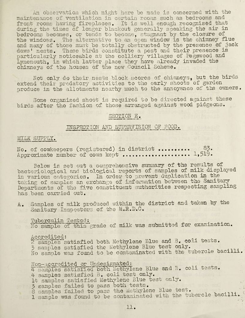 J An observation which might here be made is concerned with the maintenance of ventilation in certain rooms such as bedrooms and front rooms having fireplaces. It is well enough recognised.that during the times of longer blackout generally speaking the air in bedrooms becomes, or tends to become, stagnant by the closure of the windows. The alternative to an open window is the chimney flue and many of those must be totally obstructed by the presence of jack daws* nests. These birds constitute a pest and their presence is particularly noticeable at the colliery villages of Pegswood and Lynemouth, in which latter place they have already invaded the chimneys of the houses of the new Council Scheme. Pot only do their nests block scores extend their predatory activities to the produce in the allotments nearby much to of chimneys, but the birds early shoots of garden the annoyance of the owners Some organised shoot is required to be directed against these birds after the fashion of those arranged against wood pidgeons SECTION E. INSPECTION AND SUPERVISION OF FOOD. MILK SUPPLY. No. of cowkeepers (registered) in district ..••.«••.. 83. Approximate numbex1 of cows kept ...1»519. Below is set out a comprehensive summary of the results of bacteriological and biological reports of samples of.milk displayed in various categories. In ojrdex* to prevent duplication in the talcing of samples an exchange of information between the Sanitary Departments of the five constituent authorities respecting sampling has been carried out. A. Samples of milk produced within the district and taken by the Sanitary Inspectors of the M.R.D.C. mub 111 i 3P X* o ode N^“sampI^*6T™tErs^grade of milk was submitted for examination. Accredited; ^samples satisfied both Methylene Blue and B. coil tests. 5 samples satisfied the Methylene Blue test only. No sample was found to be contaminated with the tubercle oacilli. Non-accredited or Undesignated ; _ ^ 4 samples satisfied both Methylene Blue and B. coli tests. 4 samples satisfied B. coli test only. 14 samples satisfied Methylene Blue test only. 3 samples failed to pass both tests. 8 samples failed to pass the Methylene Blue test. ...... 1 sample was found to be contaminated with the tubercle bacil *