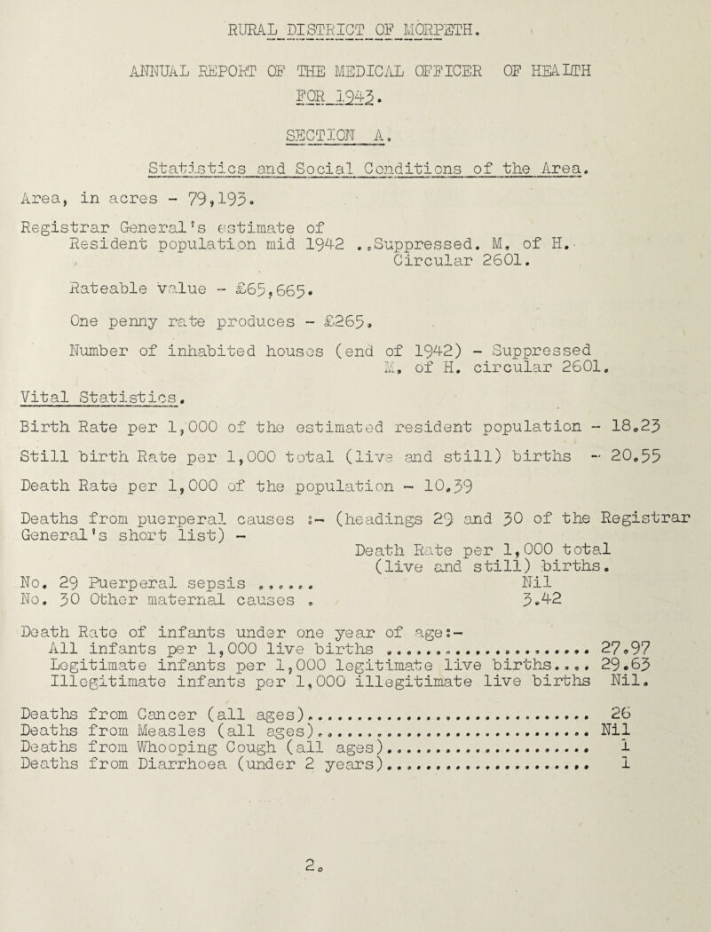 ANNUAL REPORT OF THE MEDICAL OFFICER OF HEALTH FOR 1943. SECTION A. Statistics and Social Conditions of the Area. Area, in acres - 79,193. Registrar General's estimate of Resident population mid 1992 ..Suppressed. M, of H.- Circular 2601. Rateable value Sj 65?665* One penny rate produces - £265* Number of inhabited houses (end of 1942) - Suppressed M, of H. circular 2601, Vital Statistics, Birth Rate per 1,000 of the estimated resident population - 18.23 Still birth Rate per 1,000 total (live and still) births ~ 20,55 Death Rate per 1,000 of the population - 10,39 Deaths from puerperal causes 2- (headings 29 and 30 of the Registrar General’s short list) - Death Rate per 1,000 total (live and still) births. No. 29 Puerperal sepsis ...... Nil No, 50 Other maternal causes . 3.42 Death Rate of infants under one year of ages- All infants per 1,000 live births ....27*97 Legitimate infants per 1,000 legitimate live births.,,. 29.65 Illegitimate infants per 1,000 illegitimate live births Nil, Deaths from Cancer (all ages)... 26 Deaths from Measles (all ages),.........Nil Deaths from Whooping Cough (all ages) .... 1 Deaths from Diarrhoea, (under 2 years)......... 1 o