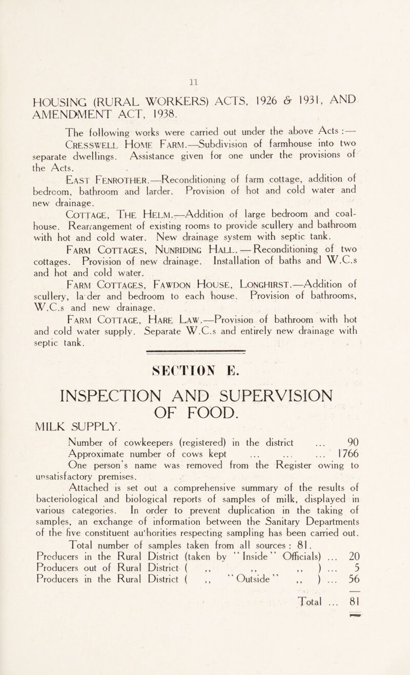 HOUSING (RURAL WORKERS) ACTS, 1926 & 1931, AND AMENDMENT ACT, 1938. The following works were carried out under the above Acts :—- CRESSWELL Home Farm.—Subdivision of farmhouse into two separate dwellings. Assistance given for one under the provisions of the Acts. East FenROTHER.—Reconditioning of farm cottage, addition of bedroom, bathroom and larder. Provision of hot and cold water and new drainage. Cottage, The Helm.—Addition of large bedroom and coal- house. Rearrangement of existing rooms to provide scullery and bathroom with hot and cold water. New drainage system with septic tank. Farm Cottages, Nunriding Hall. — Reconditioning of two cottages. Provision of new drainage. Installation of baths and W.C.s and hot and cold water. Farm Cottages, Fawdon House, Longhirst.—Addition of scullery, la der and bedroom to each house. Provision of bathrooms, W.C.s and new drainage. Farm Cottage, Hare Law.—Provision of bathroom with hot and cold water supply. Separate W.C.s and entirely new drainage with septic tank. SECTION E. inspection and supervision OF FOOD. MILK SUPPLY. Number of cowkeepers (registered) in the district ... 90 Approximate number of cows kept ... ... ... 1766 One person’s name was removed from the Register owing to unsatisfactory premises. Attached is set out a comprehensive summary of the results of bacteriological and biological reports of samples of milk, displayed in various categories. In order to prevent duplication in the taking of samples, an exchange of information between the Sanitary Departments of the five constituent authorities respecting sampling has been carried out. Total number of samples taken from all sources : 81 . Producers in the Rural District (taken by Inside’’ Officials) ... 20 Producers out of Rural District ( ,, ,, ,,)... 5 Producers in the Rural District ( ,, Outside ,, ) ... 56 I otal ... 81