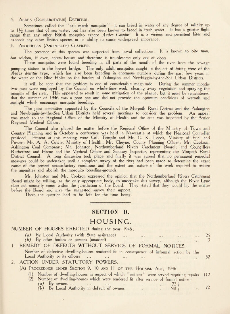Sometimes called the ' salt marsh mosquito’’—it can breed in water of any degree of salinity up to 1 Z2 times that of sea water, but has also been known to breed in fresh water. It has a greater flight jange than any other British mosquito except Aedes Caspius. It is a vicious and persistent biter and exceeds any other British species in its ability to cause widespread annoyance. 5. Anopheles (Anopheles) Claviger. The presence of this species was suspected from larval collections. It is known to bite man, but seldom, if ever, enters houses and therefore is troublesome only out of doors. These mosquitos were found breeding in all parts of the mouth of the river from the sewage pumping station to the lowest bridge. The only adult mosquitos caught in the act of biting were of the Aedes detritus type, which has also been breeding in enormous numbers during the past few years in the water of the Blue Holes on the borders of Ashington and Newbiggin~by-the~Sea Urban Districts. It will be seen that the problem is one of considerable magnitude. During the summer months two men were employed by the Council on whole-time work, clearing away vegetation and spraying the margins of the river. This appeared to result in some mitigation of the plague, but it must be remembered that the summer of 1946 was a poor one and did not provide the optimum conditions of warmth and .sunlight which encourage mosquito breeding. The joint committee appointed by the Councils of the Morpeth Rural District and the Ashington and Newbiggin-by-the-Sea Urban Districts held several meetings to consider the problem. An appeal was made to the Regional Office of the Ministry of Health and the area was inspected by the Senior Regional Medical Officer. The Council also placed the matter before the Regional Office of the Ministry of Town and Country Planning and in October a conference was held in Newcastle at which the Regional Controller presided. Present at this meeting were Col. Temple and Mr. C. K. Leeds, Ministry of Fuel and Power; Mr. A. A. Cowie, Ministry of Health; Mr. Cheyne, County Planning Officer; Mr. Cookson, Ashington Coal Company; Mr. Johnston, Northumberland Rivers Catchment Board; and Councillors Rutherford and Horne and the Medical Officer and Sanitary Inspector, representing the Morpeth Rural District Council. A long discussion took place and finally it was agreed that no permanent remedial measures could be undertaken until a complete survey of the river had been made to determine the exact cause of the present unsatisfactory conditions and the extent and nature of the work required to restore the amenities and abolish the mosquito breeding-grounds. Mr. Johnston and Mr. Cookson expressed the opinion that the Northumberland Rivers Catchment Board might be willing, as the only appropriate body, to undertake this survey, although the River Lyne does not normally come within the jurisdiction of the Board. They stated that they would lay the matter before the Board and give the suggested survey their support. There the question had to be left for the time being. SECTION D. HOUSING. NUMBER OF HOUSES ERECTED during the year 1946: (a) By Local Authority (with State assistance) ... 25 (b) By other bodies or persons (unaided) ... ... ... ... ... 3 1. REMEDY OF DEFECTS WITHOUT SERVICE OF FORMAL NOTICES. Number of defective dwelling-houses rendered fit in consequence of informal action by the Local Authority or its officers ... ... ... ... ... ... ... 52 2. ACTION UNDER STATUTORY POWERS. (A) Proceedings under Section 9, 10 and 11 of the Housing Act, 1936. (1) Number of dwelling-houses in respect of which “notices” were served requiring repairs 112 (2) Number of dwelling-houses which were rendered fit after seivice of formal notice : (a) By owners ... ... ... ... ... ... 72 j (b) By Local Authority in default of owners ... ... Nil ( 72