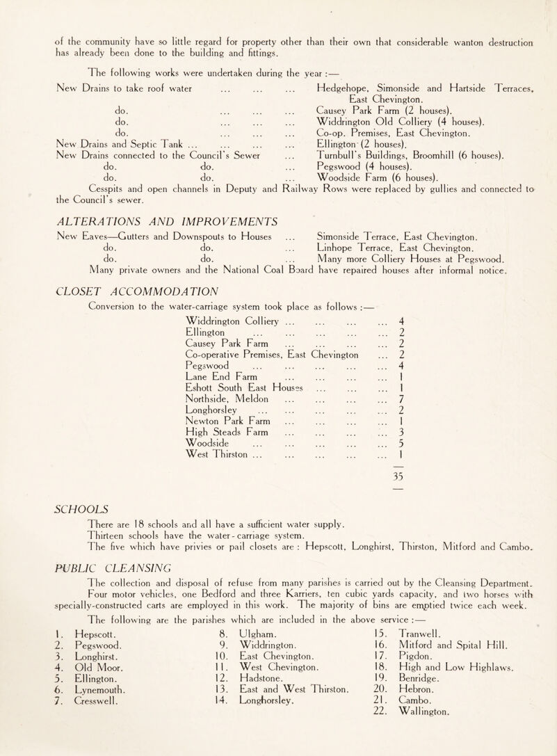 of the community have so little regard for property othei has already been done to the building and fittings. The following works were undertaken during the New Drains to take roof water do. do. do. New Drai ns and Septic Tank ... New Drains connected to the Council’s Sewer do. do. do. do. Cesspits and open channels in Deputy and Rail the Council’s sewer. than their own that considerable wanton destruction year : — Hedgehope, Simonside and Hartside Terraces, East Chevington. Causey Park Farm (2 houses). Widdrington Old Colliery (4 houses). Co-op. Premises, East Chevington. Ellington (2 houses). Turnbull's Buildings, Broomhill (6 houses). Pegswood (4 houses). Woodside Farm (6 houses). / Rows were replaced by gullies and connected to ALTERATIONS AND IMPROVEMENTS New Eaves—Gutters and Downspouts to Houses ... Simonside Terrace, East Chevington. do. do. ... Linhope Terrace, East Chevington. do. do. ... Many more Colliery Houses at Pegswood. Many private owners and the National Coal Board have repaired houses after informal notice. CLOSET ACCOMMODATION Conversion to the water-carriage system took place as follows ; — Widdrington Colliery ... ... ... ... 4 Ellington ... ... ... ... ... 2 Causey Park Farm ... ... ... ... 2 Co-operative Premises, East Chevington ... 2 Pegswood ... ... ... ... ... 4 Lane End Farm ... ... ... ... 1 Eshott South East Houses ... ... ... 1 Northside, Meldon ... ... ... ... 7 Longhorsley . ... ... ... 2 Newton Park Farm ... ... ... ... 1 High Steads Farm ... ... ... ... 3 Woodside ... ... ... ... ... 5 West Thirston ... ... ... ... ... 1 35 SCHOOLS There are 18 schools and all have a sufficient water supply. Thirteen schools have the water-carriage system. The five which have privies or pail closets are : Hepscott, Longhirst, 1 hirston, Mitford and Cambo. PUBLIC CLEANSING The collection and disposal of refuse from many parishes is carried out by the Cleansing Department. Four motor vehicles, one Bedford and three Earners, ten cubic yards capacity, and two horses with specially-constructed carts are employed in this work. The majority of bins are emptied twice each week. The following are the parishes which are included in the above service : — 1. Hepscott. 8. Ulgham. 15. Tranwell. 2. Pegswood. 9. Widdrington. 16. Mitford and Spital Hill. 3. Longhirst. 10. East Chevington. 17. Pigdon. 4. Old Moor. II. West Chevington. 18. High and Low Highlaws 5. Ellington. 12. Hadstone. 19. Benridge. 6. Lynemouth. 13. East and West Thirston. 20. Hebron. 7. Cresswell. 14. Longhorsley. 21. Cambo. 22. Wallington.