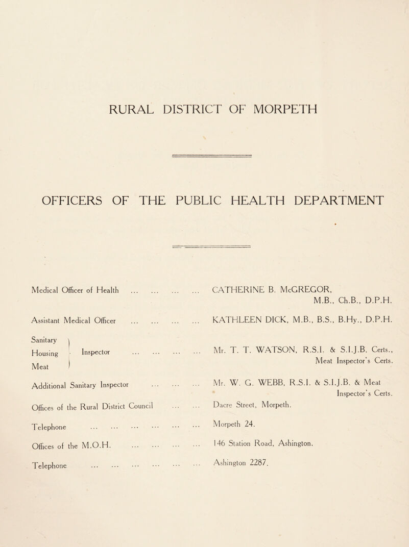 OFFICERS OF THE PUBLIC HEALTH DEPARTMENT Medical Officer of Health . . CATHERINE B. McGREGOR, M.B., Ch.B., D.P.H. Assistant Medical Officer . . KATHLEEN DICK, M.B., B.S., B.l !> .. D.P.H. Sanitary j Housing Inspector . Meat ) . Mr. T. T. WATSON, R.S.l. & S.I.J.B. Certs., Meat Inspector s Certs. Additional Sanitary Inspector . Mr. W. G. WEBB, R.S.l. & S.I.J.B. & Meat Inspector s Certs. Offices of the Rural District Council . Dacre Street, Morpeth. Telephone . . Morpeth 24. Offices of the M.O.H. . 146 Station Road, Ashington. Telephone . . Ashington 2287.