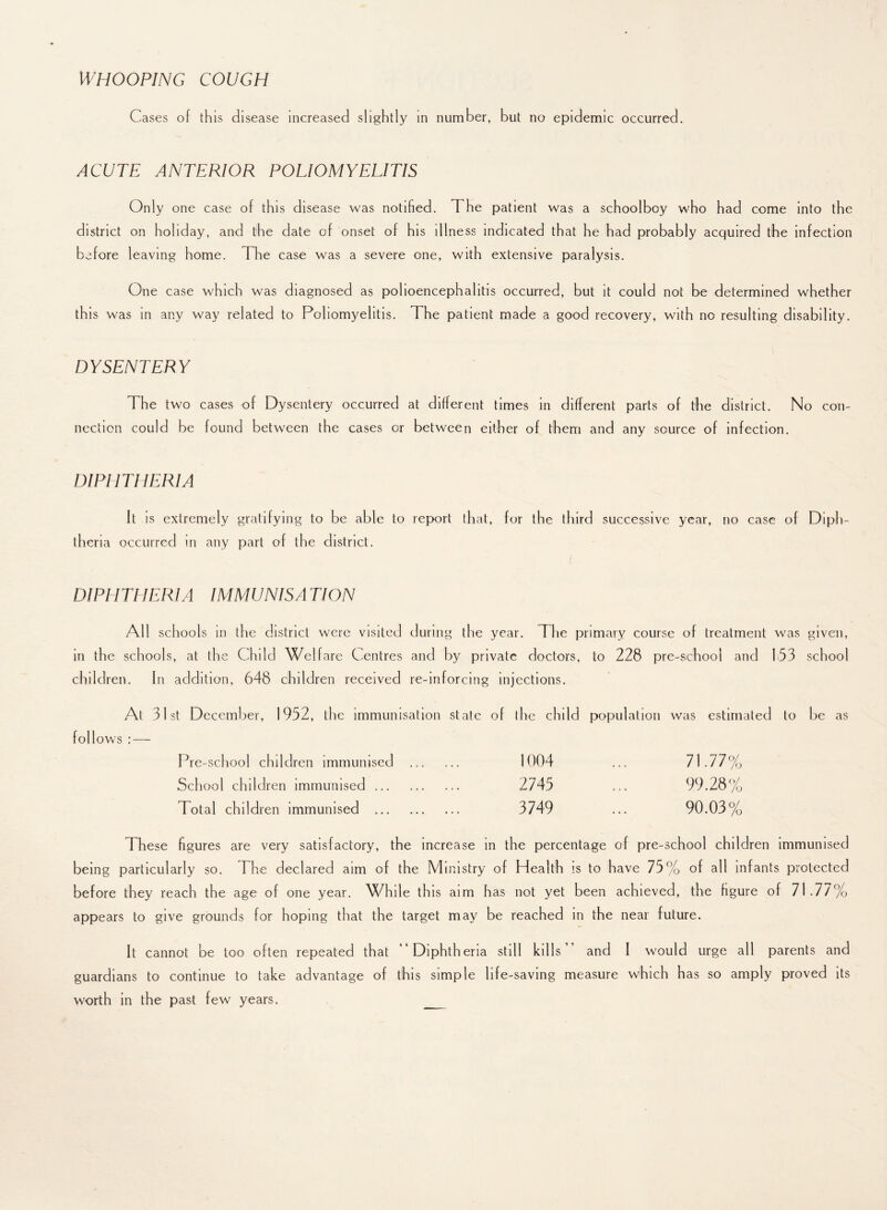 WHOOPING COUGH Cases of this disease increased s lightly in number, but no epidemic occurred. ACUTE ANTERIOR POLIOMYELITIS Only one case of this disease was notified. The patient was a schoolboy who had come into the district on holiday, and the date of onset of his illness indicated that he had probably acquired the infection before leaving home. The case was a severe one, with extensive paralysis. One case which was diagnosed as polioencephalitis occurred, but it could not be determined whether this was in any way related to Poliomyelitis. The patient made a good recovery, with no resulting disability. DYSENTERY The two cases of Dysentery occurred at different times in different parts of the district. No con¬ nection could be found between the cases or between either of them and any source of infection. DIPHTHERIA It is extremely gratifying to be able to report that, for the third successive year, no case of Diph¬ theria occurred in any part of the district. DIPHTHERIA IMMUNISA TION All schools m the district were visited during the year. The primary course of treatment was given, in the schools, at the Child Welfare Centres and by private doctors, to 228 pre-school and 153 school children. In addition, 648 children received re-inforcing injections. At 31st December, 1952, the immunisation state of the child population was estimated to be as follows : — Pre-school children immunised ... ... 1004 ... 71.77% Scl loo 1 children immunised. 2745 ... 99.28% Total children immunised . 3749 ... 90.03% These figures are very satisfactory, the increase in the percentage of pre-school children immunised being particularly so. The declared aim of the Ministry of Health is to have 75% of all infants protected before they reach the age of one year. While this aim has not yet been achieved, the figure of 71 .77% appears to give grounds for hoping that the target may be reached in the near future. It cannot be too often repeated that “Diphtheria still kills” and I would urge all parents and guardians to continue to take advantage of this simple life-saving measure which has so amply proved its worth in the past few years.