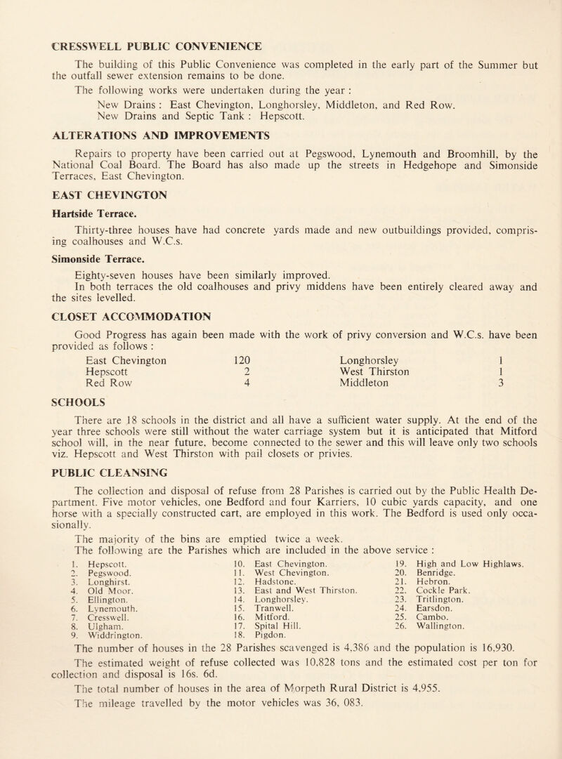 CRESSWELL PUBLIC CONVENIENCE The building of this Public Convenience was completed in the early part of the Summer but the outfall sewer extension remains to be done. The following works were undertaken during the year : New Drains : East Chevington, Longhorsley, Middleton, and Red Row. New Drains and Septic Tank : Hepscott. ALTERATIONS AND IMPROVEMENTS Repairs to property have been carried out at Pegswood, Lynemouth and Broomhill, by the National Coal Board. The Board has also made up the streets in Hedgehope and Simonside Terraces, East Chevington. EAST CHEVINGTON Hartside Terrace. Thirty-three houses have had concrete yards made and new outbuildings provided, compris¬ ing coalhouses and W.C.s. Simonside Terrace. Eighty-seven houses have been similarly improved. In both terraces the old coalhouses and privy middens have been entirely cleared away and the sites levelled. CLOSET ACCOMMODATION Good Progress has again been made with the work of privy conversion and W.C.s. have been provided as follows : East Chevington 120 Longhorsley 1 Hepscott 2 West Thirston 1 Red Row 4 Middleton 3 SCHOOLS There are 18 schools in the district and all have a sufficient water supply. At the end of the year three schools were still without the water carriage system but it is anticipated that Mitford school will, in the near future, become connected to the sewer and this will leave only two schools viz. Hepscott and West Thirston with pail closets or privies. PUBLIC CLEANSING The collection and disposal of refuse from 28 Parishes is carried out by the Public Health De¬ partment. Five motor vehicles, one Bedford and four Karriers, 10 cubic yards capacity, and one horse with a specially constructed cart, are employed in this work. The Bedford is used only occa¬ sionally. The majority of the bins are emptied twice a week. The following are the Parishes which are included in the above service : 1. Hepscott. 10. East Chevington. 19. High and Low Highlaws 2 Pegswood. 11. West Chevington. 20. Benridge. 3. Longhirst. 12. Hadstone. 21. Hebron. 4. Old Moor. 13. East and West Thirston. 22. Cockle Park. 5. Ellington. 14. Longhorsley. 21 Tritlington. 6. Lynemouth. 15. Tranwell. 24. Earsdon. 7. Cresswell. 16. Mitford. 25. Cambo. 8. Ulgham. 17. Spital Hill. 26. Wallington. 9. Widdrington. 18. Pigdon. The number of houses in the 28 Parishes scavenged is 4,386 and the population is 16,930. The estimated weight of refuse collected was 10,828 tons and the estimated cost per ton for collection and disposal is 16s. 6d. The total number of houses in the area of Morpeth Rural District is 4,955. The mileage travelled by the motor vehicles was 36, 083.