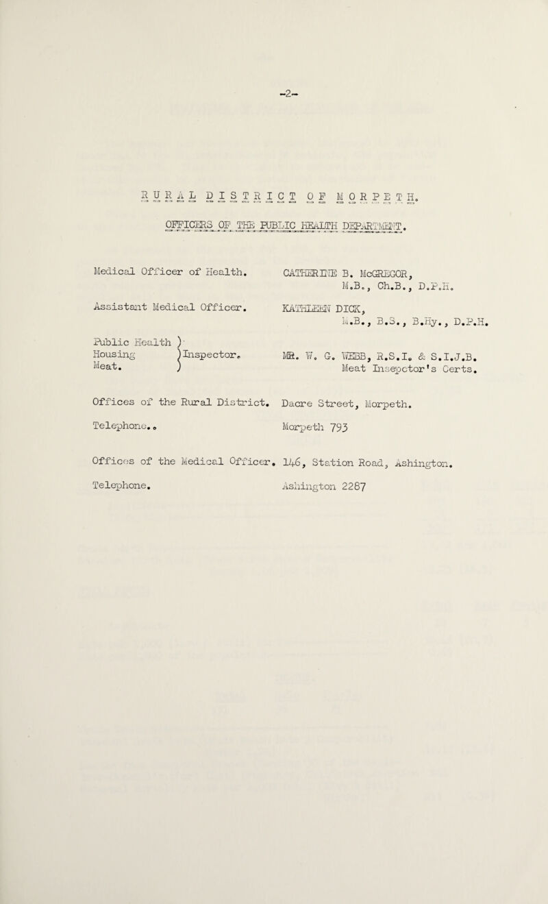OMOffiS OP THE PUBLIC HEALTH DEPART®:!. Medical Officer of Health. Assistant Medical Officer. Public Health ) Housing )Inspectorr Meat. ) Offices of the Rural District. Telephone.. Offices of the Medical Officer CATHERINE B. McGREGOR, M.B., Ch.B., D.Poll. KATHIIIEU DICK, M.B., B.S., B.Hy., D.P.H MR. W» G. YffiBB, R.S.I0 & S.I.J.B. Meat Insepctor’s Certs. Dacre Street, Morpeth. Morpeth 793 146, Station Road, Ashington. Ashington 2287 Telephone