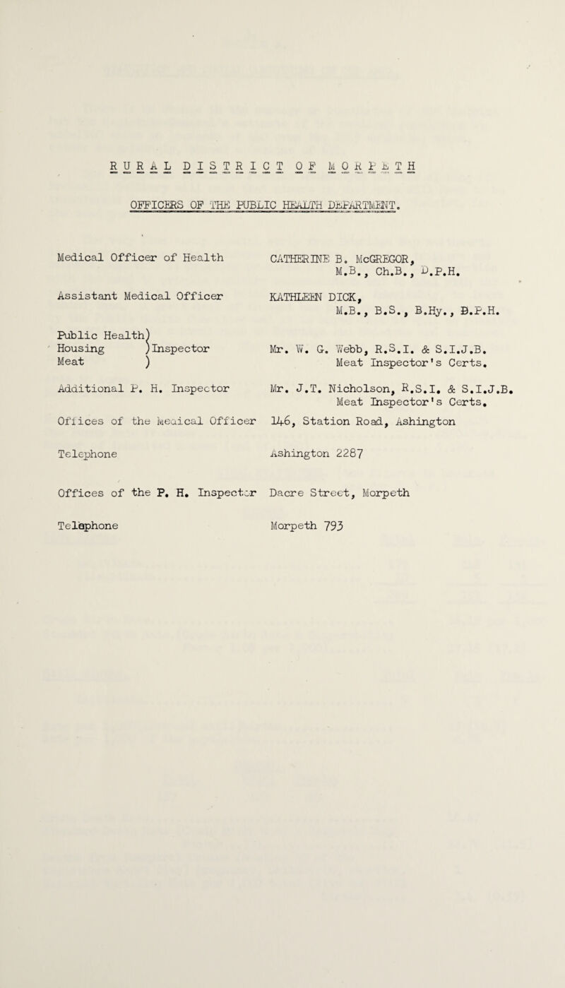 OFFICERS OF THE PUBLIC HEALTH DEPARTMENT. Medical Officer of Health CATHERINE B. McGREGOR, M.B., Ch.B., D.p.H. Assistant Medical Officer KATHLEEN DICK, M.B., B.S., B.Hy., B.P.H. Public Health) Housing )Inspector Meat ) Mr. ¥. G. Webb, R.S.I. & S.I.J.B. Meat Inspector's Certs. Additional P. H. Inspector Mr. J.T. Nicholson, R.S.I* & S.I.J.B. Meat Inspector's Certs, Offices of the Ivieaical Officer 146, Station Road, Ashington Telephone Ashington 2287 Offices of the P, H. Inspector Dacre Street, Morpeth Telephone Morpeth 793