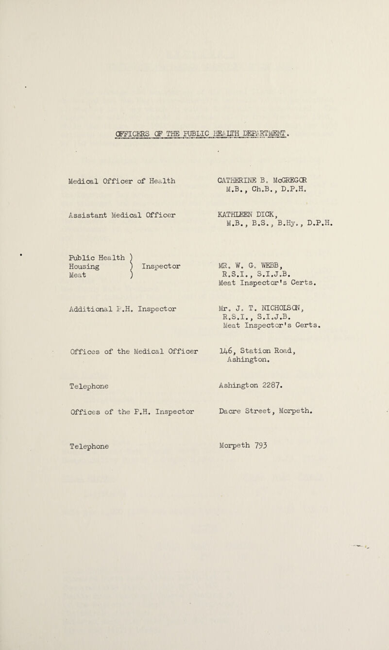 OFFICERS OF THE PUBLIC Medical Officer of Health CATHERINE B. McGREGQR M.B. , Ch.B., D.P.Ho Assistant Medical Officer KATHLEEN DICK, M.B. , B.S., B.Hy., D.P Public Health ) Housing ) Inspector Meat ) MR. W. C0 WEBB, R.S.I. , S.I.J.B. Meat Inspector’s Certs. Additional P.H0 Inspector Mr. Jc T. NICHOISCN, R.S.I. , S.I.J.B. Meat Inspector's Certs. Offices of the Medical Officer 146, Station Road, Ashington. Telephone Ashington 2287. Offices of the P.H. Inspector Dacre Street, Morpeth. Telephone Morpeth 793