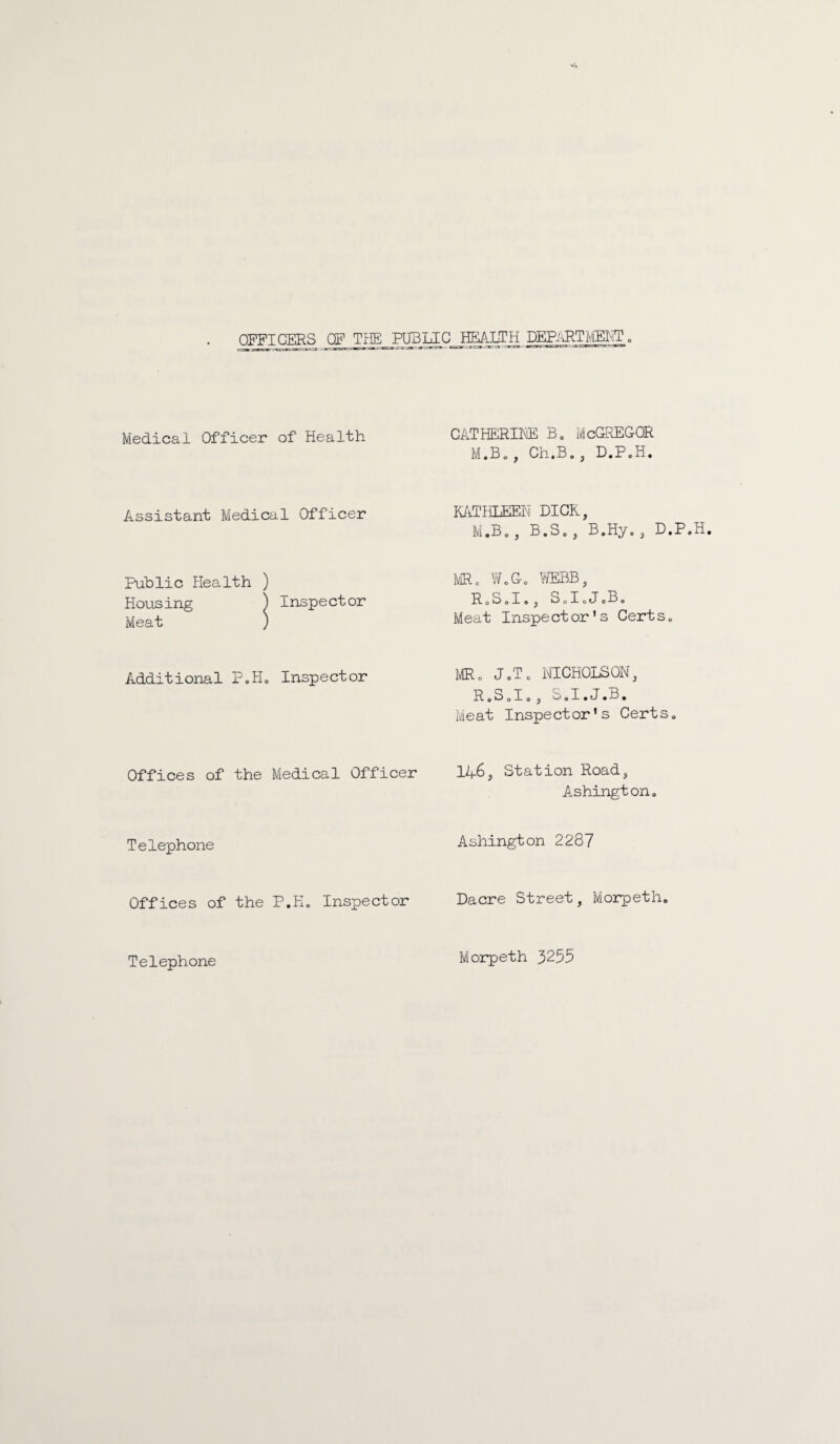 OFFICERS OF THE_F1^LIC_HEAIJrH DER-HTivERT. Medical Officer of Health CATHERINE B0 McGREGOR M.B„ , Ch,B. , D.PoH. Assistant Medical Officer KATHLEEN DICK, M.B., B.So, B.Hy„, D.P. Public Health ) Housing ) Inspector Meat ) MRo W0Go WEBB, RoSolo, S0I0J0B0 Meat Inspector’s Certsc Additional P.H. Inspector MR0 J»To NICHOLSON, ReSoI05 S.I.J.B. Meat Inspector’s Certs8 Offices of the Medical Officer 1L6, Station Road, Ashington. Telephone Ashington 2287 Offices of the P.K. Inspector Dacre Street, Morpeth. Telephone Morpeth 3255