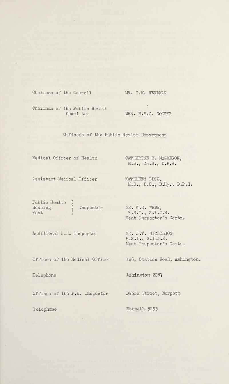 Chairman of the Council MR. J.M. HERMAN Chairman of the Public Health Committee MRS. H.M.C. COOPER Officers of the Public Health Department Medical Officer of Health CATHERINE B. McGREGOR, M.B., Ch.B., D.P.H. Assistant Medical Officer KATHLEEN PICK, M.B., B.S., B.Hy., D.P.H. Public Health ) Housing ) Inspector Meat ) MR. W.G. WEBB, R.S.1., S .1. J.B. Meat Inspector’s Certs. Additional P.H. Inspector MR. J.T. NICHOLSON R.S .1., S.1.J.B. Meat Inspector’s Certs. Offices of the Medical Officer 146, Station Road, Ashington. Telephone Ashington 2207 Offices of the P.H. Inspector Dacre Street, Morpeth Telephone Morpeth 3255