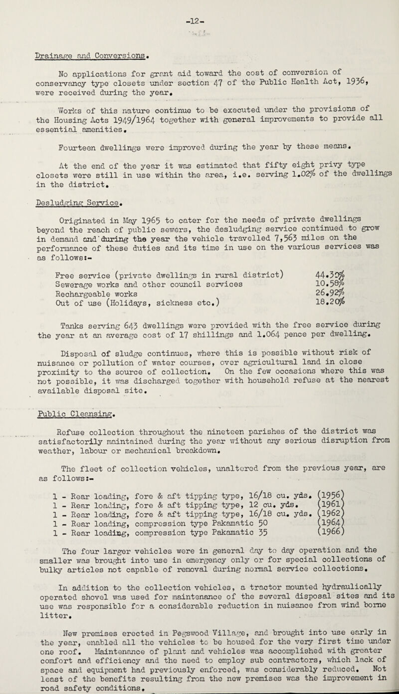 -12 Drainage and Conversions, No applications for grant aid toward the cost of conversion of conservancy type closets under section 47 of the Public Health Act, 1936, were received during the year# Works of this nature continue to be executed under the provisions of the Housing Acts 1949/1964 together with general, improvements to provide all essential amenities# Fourteen dwellings we re improved during the year by these means# At the end of the year it was estimated that fifty eight privy type closets were still in use within the area, i#e. serving 1.02$ of the dwellings in the district# Desludging Service# Originated in May 1965 to cater for the needs of private dwellings beyond the reach of public sewers, the desludging service continued to grow in demand and'during the year the vehicle travelled 7>563 miles on the performance of these duties and its time in use on the various services was as followss- Free service (private dwellings in rural district) 44*30$ Sewerage works and other council services 10*58$ Rechargeable works 26#92$ Out of use (Holidays, sickness etc#) 18#20$ Tanks serving 643 dwellings were provided with the free service during the year at an average cost of 17 shillings and 1*064 pence per dwelling# Disposal of sludge continues, where this is possible without risk of nuisance or pollution of water courses, over agricultural land in close proximity to the source of collection# On the few occasions where this was not possible, it was discharged together with household refuse at the nearest available disposal site. Public Cleansing;. Refuse collection throughout the nineteen parishes of the district was satisfactorily maintained during the yean without any serious disruption from weather, labour or mechanical breakdown# The fleet of collection vehicles, unaltered from the previous year, are as followss- 1 - Rear loading, fore & aft tipping type, 16/18 cu. yds* (1956) 1 - Rear loading, fore & aft tipping type, 12 cu# yds# (l96l) 1 - Rear loading, fore & aft tipping type, 16/18 cu# yds# (1962) 1 - Rear loading, compression type Pakamatic 50 (196.4) 1 - Rear loading, compression type Pakamatic 35 (1966) The four larger vehicles were in general day to day operation and the smaller was brought into use in emergency only or for special collections of bulky articles not capable of removal during normal service collections# In addition to the collection vehicles, a tractor mounted hydraulically operated shovel was used for maintenance of the several disposal sites and its use was responsible for a considerable reduction in nuisance from wind borne litter# New premises erected in Pegswood Village, and brought into use early in the year, enabled all the vehicles to be housed for the very first time under one roof. Maintenance of plant and vehicles was accomplished with greater comfort and efficiency and the need to employ sub contractors, which lack of space and equipment had previously enforced, was considerably reduced. Not least of the benefits resulting from the new premises was the improvement in road safety conditions# _ _