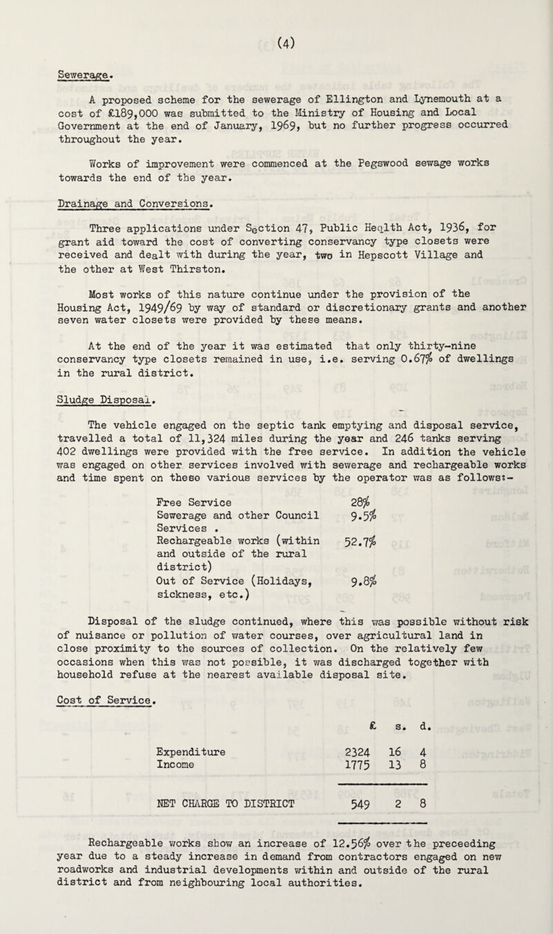 Sewerage. A proposed scheme for the sewerage of Ellington and Lynemouth at a cost of £189,000 was submitted to the Ministry of Housing and Local Government at the end of January, 1969, but no further progress occurred throughout the year. Works of improvement were commenced at the Pegswood sewage works towards the end of the year. Drainage and Conversions. Three applications under Section 47, Public Heqlth Act, 1936, for grant aid toward the cost of converting conservancy type closets were received and dealt with during the year, two in Hepscott Village and the other at West Thirston. Most works of this nature continue under the provision of the Housing Act, 1949/69 by way of standard or discretionary grants and another seven water closets were provided by these means. At the end of the year it was estimated that only thirty-nine conservancy type closets remained in use, i.e. serving 0.67$ of dwellings in the rural district. Sludge Disposal. The vehicle engaged on the septic tank emptying and disposal service, travelled a total of 11,324 miles during the year and 246 tanks serving 402 dwellings were provided with the free service. In addition the vehicle was engaged on other services involved with sewerage and rechargeable works and time spent on these various services by the operator was as followss- Free Service 28$ Sewerage and other Council 9.5$ Services . Rechargeable works (within 52.7$ and outside of the rural district) Out of Service (Holidays, 9.8% sickness, etc.) Disposal of the sludge continued, where this was possible without risk of nuisance or pollution of water courses, over agricultural land in close proximity to the sources of collection. On the relatively few occasions when this was not possible, it was discharged together with household refuse at the nearest available disposal site. Cost of Service. £ s. d. Expenditure 2324 16 4 Income 1775 13 8 NET CHARGE TO DISTRICT 549 2 8 Rechargeable works show an increase of 12.56$ over the preceeding year due to a steady increase in demand from contractors engaged on new roadworks and industrial developments within and outside of the rural district and from neighbouring local authorities.