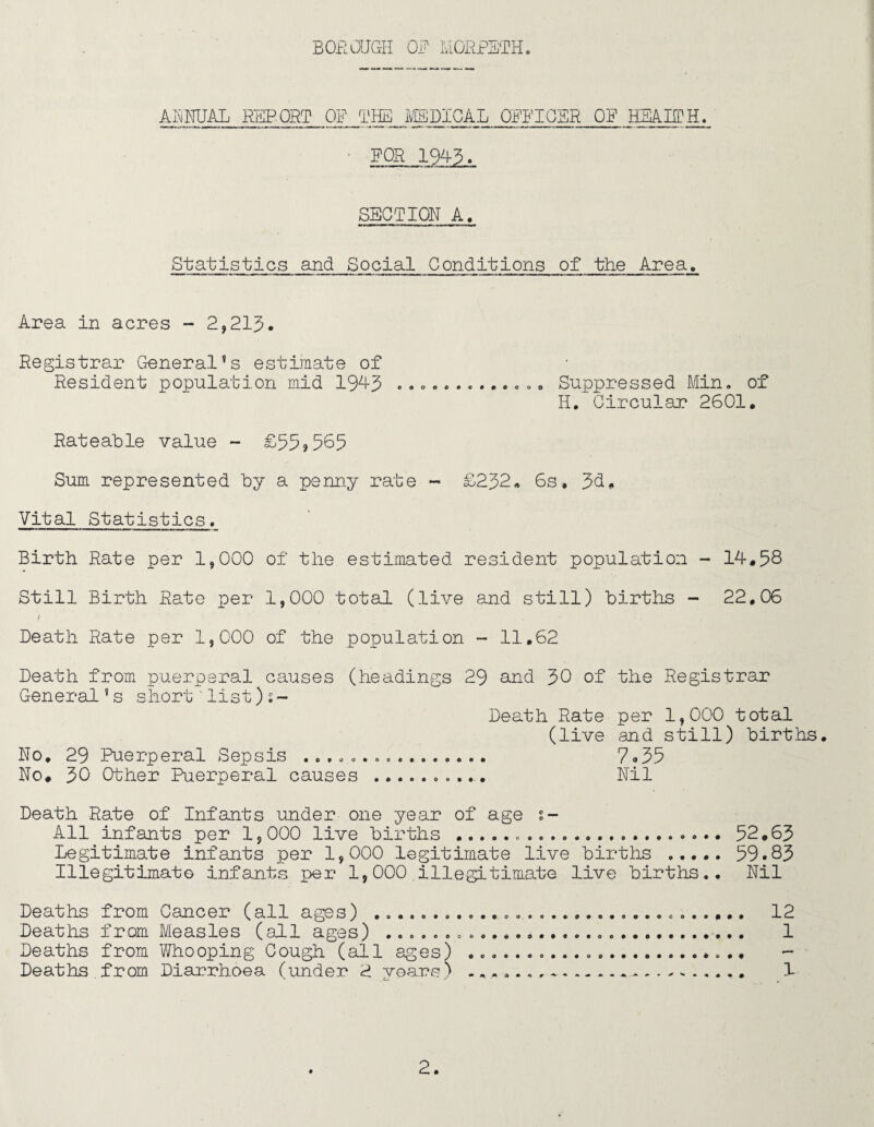 ANNUAL REPORT OP THE MEDICAL OPFICER OF HEALTH. ' FOR 1945. SECTION A. Statistics and Social Conditions of the Area. Area in acres - 2,213. Registrar General’s estimate of Resident population mid 194-3 ........ .. Suppressed Min. of II. Circular 2601. Rateable value - £53?565 Sum represented by a penny rate - £232. 6s. 3d. Vital Statistics. Birth Rate per 1,000 of the estimated resident population - 14.58 Still Birth Rate per 1,000 total (live and still) births - 22,06 / . Death Rate per 1,000 of the population ~ 11.62 Death from puerperal causes (headings 29 and 30 of the Registrar General’s short”list):- Death Rate per 1,000 total (live and still) births. No. 29 Puerperal Sepsis ........... 7«35 No. 30 Other Puerperal causes ..... ...... Nil Death Rate of Infants under one year of age s- All infants per 1,000 live births ...... 52,63 Legitimate infants per 1,000 legitimate live births ..... 59.83 Illegitimate infants per 1,000.illegitimate live births.. Nil Deaths from Cancer (all ages) ... 12 Deaths from Measles (all ages) ..... 1 Deaths from Whooping Cough (all ages) ... - Deaths from Diarrhoea (under 2 years