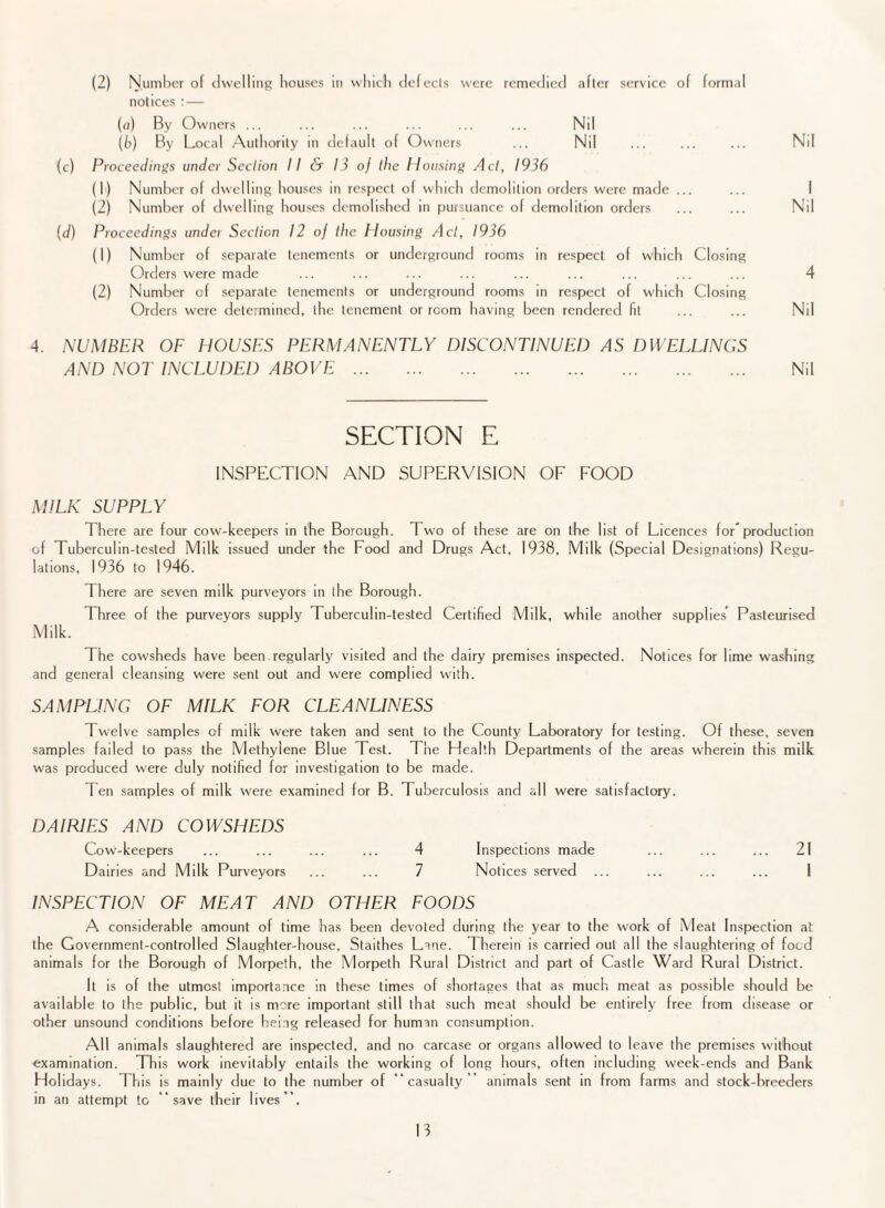 (2) Number of dwelling houses in which defects were remedied after service of formal notices :— (a) By Owners ... ... ... ... ... ... Nil (b) By Local Authority in default of Owners ... Nil ... ... ... Nil (c) Proceedings under Section II & 13 of the Housing Act, 1936 (1) Number of dwelling houses in respect of which demolition orders were made ... ... I (2) Number of dwelling houses demolished in pursuance of demolition orders ... ... Nil (d) Proceedings under Section 12 of the Housing Act, 1936 (1) Number of separate tenements or underground rooms in respect of which Closing Orders were made ... ... ... ... ... ... ... ... ... 4 (2) Number of separate tenements or underground rooms in respect of which Closing Orders were determined, the tenement or room having been rendered fit ... ... Nil 4. NUMBER OF HOUSES PERMANENTLY DISCONTINUED AS DWELLINGS AND NOT INCLUDED ABOVE. Nil SECTION E INSPECTION AND SUPERVISION OF FOOD MILK SUPPLY There are four cow-keepers in the Borough. Two of these are on the list of Licences for* production of Tuberculin-tested Milk issued under the Food and Drugs Act, 1938, Milk (Special Designations) Regu¬ lations, 1936 to 1946. There are seven milk purveyors in the Borough. Three of the purveyors supply Tuberculin-tested Certified Milk, while another supplies' Pasteurised Milk. The cowsheds have been.regularly visited and the dairy premises inspected. Notices for lime washing and general cleansing were sent out and were complied with. SAMPLING OF MILK FOR CLEANLINESS Twelve samples of milk were taken and sent to the County Laboratory for testing. Of these, seven samples failed to pass the Methylene Blue Test. The Health Departments of the areas wherein this milk was produced were duly notified for investigation to be made. Ten samples of milk were examined for B. Tuberculosis and all were satisfactory. DAIRIES AND COWSHEDS Cow-keepers ... ... ... ... 4 Inspections made ... ... ... 21 Dairies and Milk Purveyors ... ... 7 Notices served ... ... ... ... I INSPECTION OF MEAT AND OTHER FOODS A considerable amount of time has been devoted during the year to the work of Meat Inspection at the Government-controlled Slaughter-house, Staithes Lane. Therein is carried out all the slaughtering of food animals for the Borough of Morpeth, the Morpeth Rural District and part of Castle Ward Rural District. It is of the utmost importance in these times of shortages that as much meat as possible should be available to the public, but it is more important still that such meat should be entirely free from disease or other unsound conditions before being released for human consumption. All animals slaughtered are inspected, and no carcase or organs allowed to leave the premises without examination. This work inevitably entails the working of long hours, often including week-ends and Bank Holidays. This is mainly due to the number of “casualty'' animals sent in from farms and stock-breeders in an attempt to “save their lives’”.