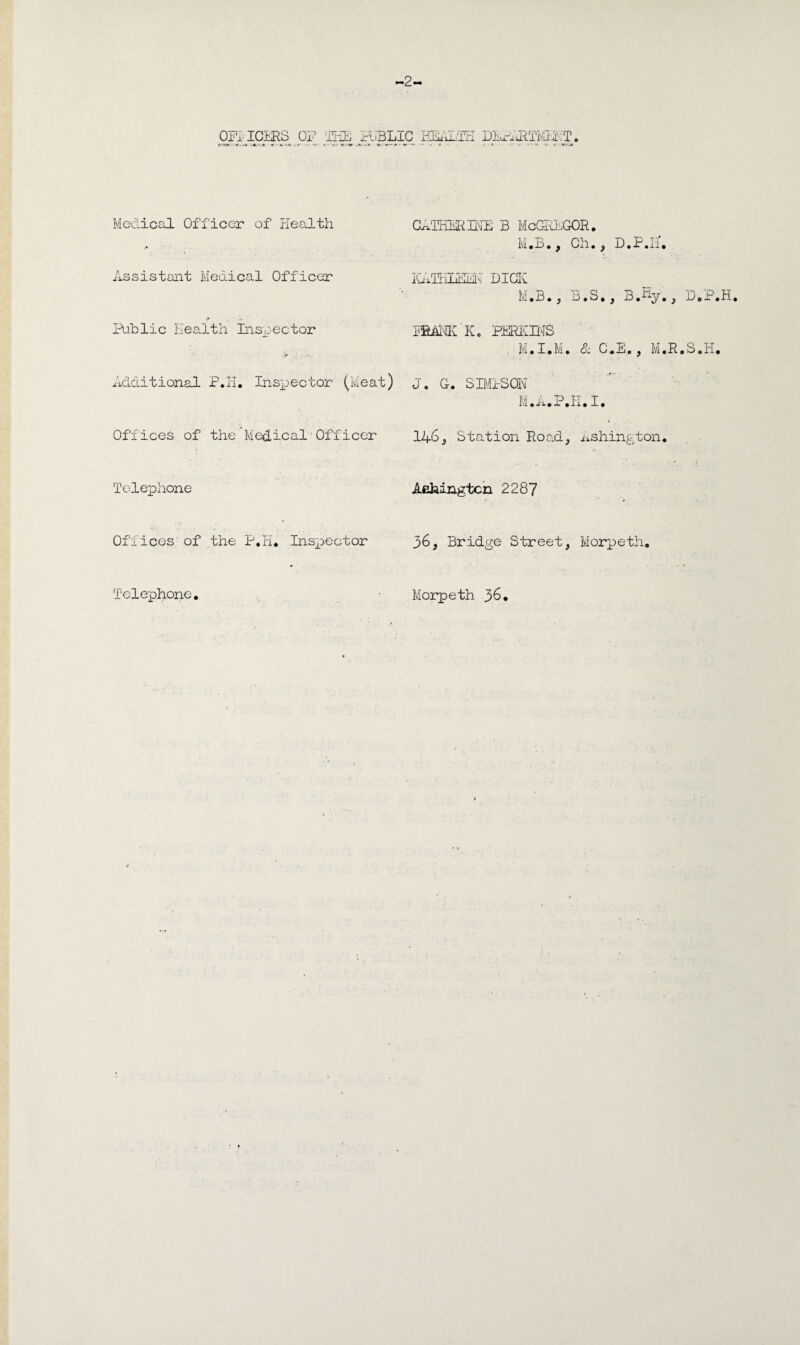 OFFICERS OF FEE FuBLIC HEALTH DEPARTMENT, Medical Officer of Health Assistant Medical Officer Public Health Inspector Additional P.H. Inspector (Meat) Offices of the Medical■Officer Telephone CATHERINE B McGEEGOR. M.B., Oh. 3 D.P.Ii, KATBIEEE DICK M • B •, B.S., B.Myjj.p.H, TEAldv Kc PERKINS M.I.M. & C.E., M.R.S.H. J. G. SEMIS ON M. A. P.H. I. 1465 Station Road, nshington. Aching ten 2287 Offices of the P.H. Inspector 36, Bridge Street, Morpeth. Telephone. Morpeth 36•
