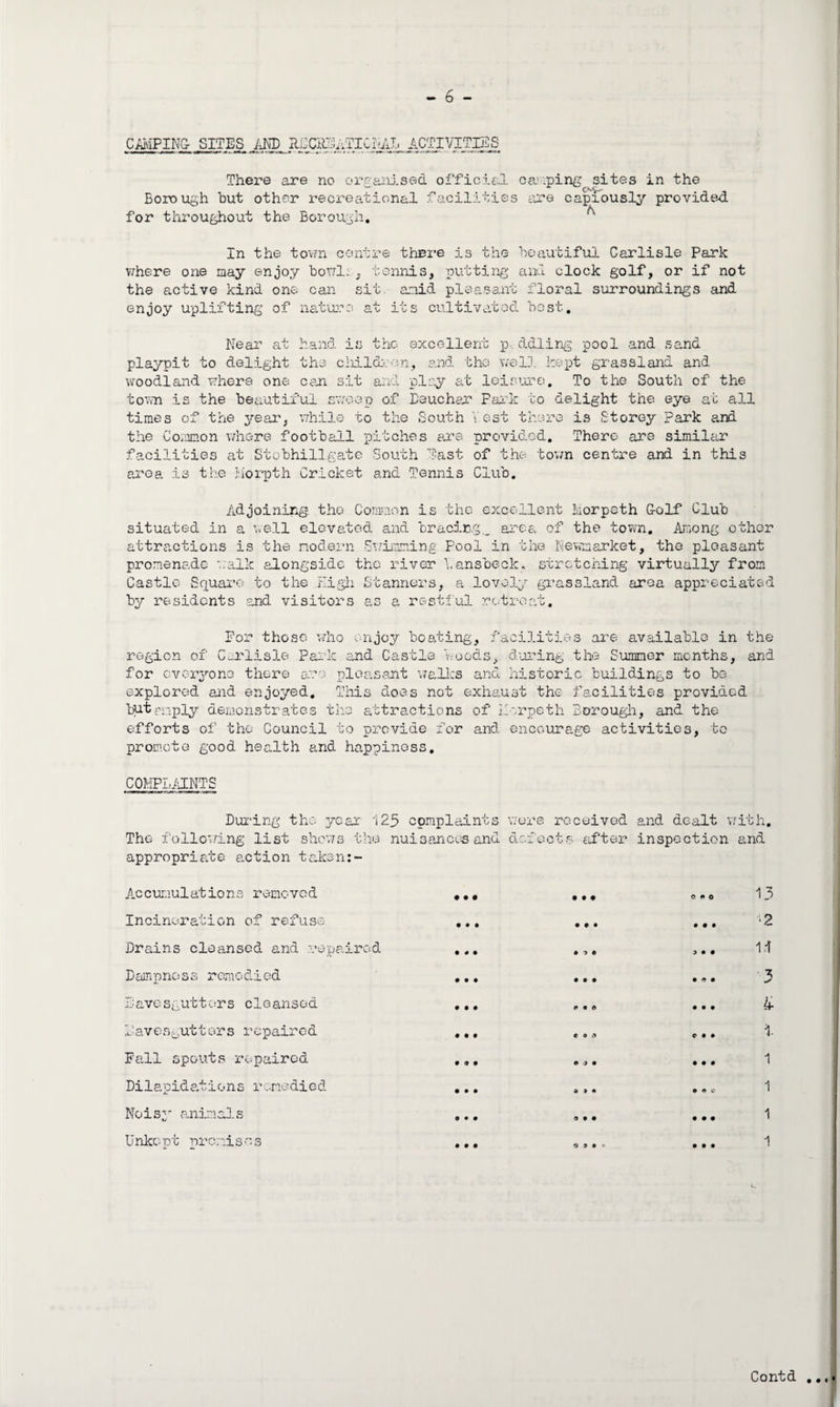 CAMPING- SITES AND RECBSATICEAL ACTIVITIES There are no organised official ca.'.ping sites in the Borough but other recreational facilities are captiously provided for throughout the Borough. In the town centre there is the beautiful Carlisle Park where one may enjoy bowls, tennis, putting and clock golf, or if not the active kind one can sit. amid pleasant floral surroundings and enjoy uplifting of nature at its cultivated best. Neai1 at hand is the excellent p ddling pool and sand playpit to delight the children, and the well kept grassland and woodland where one can sit and play at leisure. To the South of the town is the beautiful swoop of Beuchar Park to delight the eye at all times of the year, while to the South Vest there is Storey Park and the Common where football pitches are provided. There are similar f., J- Oo - — - - - --j. - lities at Stobhillgate South East of the town centre and in this area is the Morpth Cricket and Tennis Club. Adjoining the Common is the excellent Morpeth G-olf Club situated in a well elevated and bracing., area of the town. Among other attractions is the modern Swimming Pool in the Newmarket, the pleasant promenade walk alongside the river Vansbeck, stretching virtually from Castle Square to the High Stanners, a lovely grassland area appreciated by residents and visitors as a restful retreat. For those who enjoy boating, facilities are available in the region of Carlisle Park and Castle woods, during the Summer months, and for everyone there gro pleasant walks and historic buildings to be explored and enjoyed. This does not exhaust the facilities provided but^npiy demonstrates the attractions of Morpeth Borough, and the efforts of the Council to provide for and encourage activities, to promote good health and happiness. COMPLAINTS During the year 125 complaints were received The following list shews the nuisances and defects after appropriate action taken:- and dealt with, inspection and Accumulations removed Incineration of refuse Drains cleansed and repaired Dampness remodiod Lavesputters cleansed 1 ■ avesguttors repaired Fall spouts repaired Dilapidations ronedied Noisy animals Unice- pt premi s c s • • • • • • • a e • • • f o O t o 0 » ■> • 4* > « a • • O 9 • o 0*0 • • • ) • I • A • • • • e • • • • • • a c • • • • • • 13 *2 1.1 3 £ i 1 1 1 1
