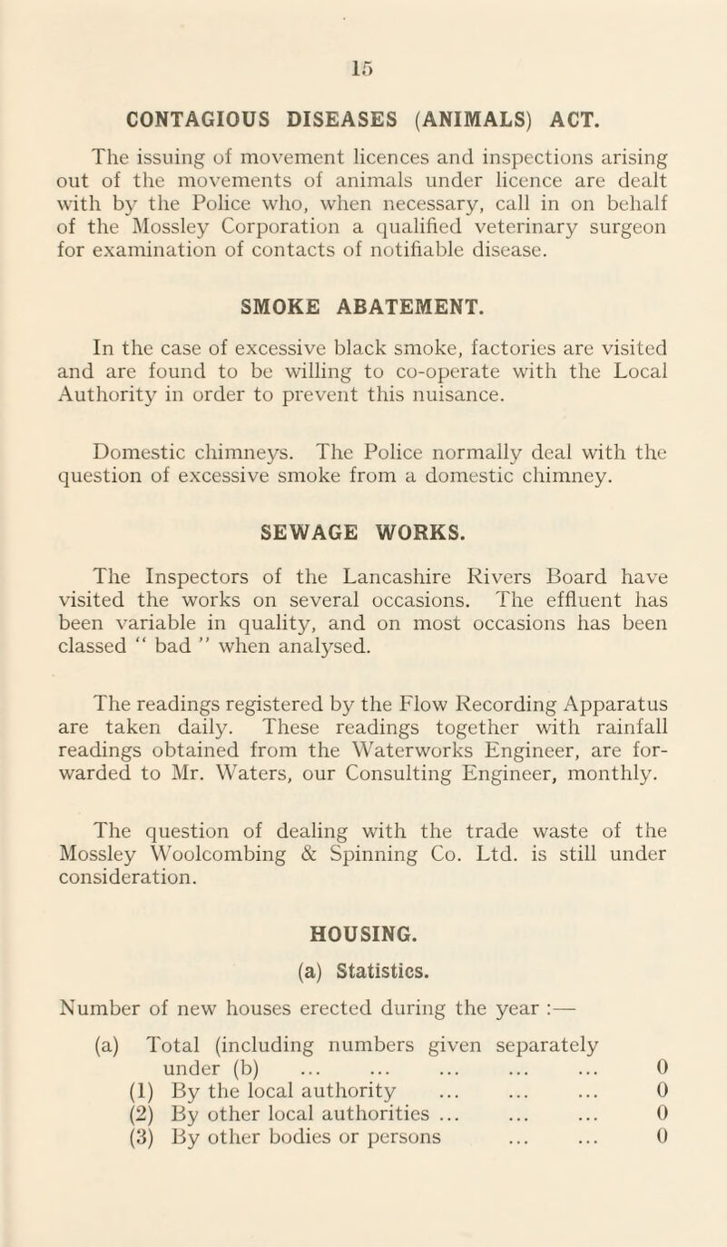 CONTAGIOUS DISEASES (ANIMALS) ACT. The issuing of movement licences and inspections arising out of the movements of animals under licence are dealt with by the Police who, when necessary, call in on behalf of the Mossley Corporation a qualified veterinary surgeon for examination of contacts of notifiable disease. SMOKE ABATEMENT. In the case of excessive black smoke, factories are visited and are found to be willing to co-operate with the Local Authority in order to prevent this nuisance. Domestic chimneys. The Police normally deal with the question of excessive smoke from a domestic chimney. SEWAGE WORKS. The Inspectors of the Lancashire Rivers Board have visited the works on several occasions. The effluent has been variable in quality, and on most occasions has been classed “ bad ” when analysed. The readings registered by the Flow Recording Apparatus are taken daily. These readings together with rainfall readings obtained from the Waterworks Engineer, are for¬ warded to Mr. Waters, our Consulting Engineer, monthly. The question of dealing with the trade waste of the Mossley Woolcombing & Spinning Co. Ltd. is still under consideration. HOUSING. (a) Statistics. Number of new houses erected during the year :— (a) Total (including numbers given separately under (b) ... ... ... ... ... 0 (1) By the local authority ... ... ... 0 (2) By other local authorities ... ... ... 0 (3) By other bodies or persons ... ... 0